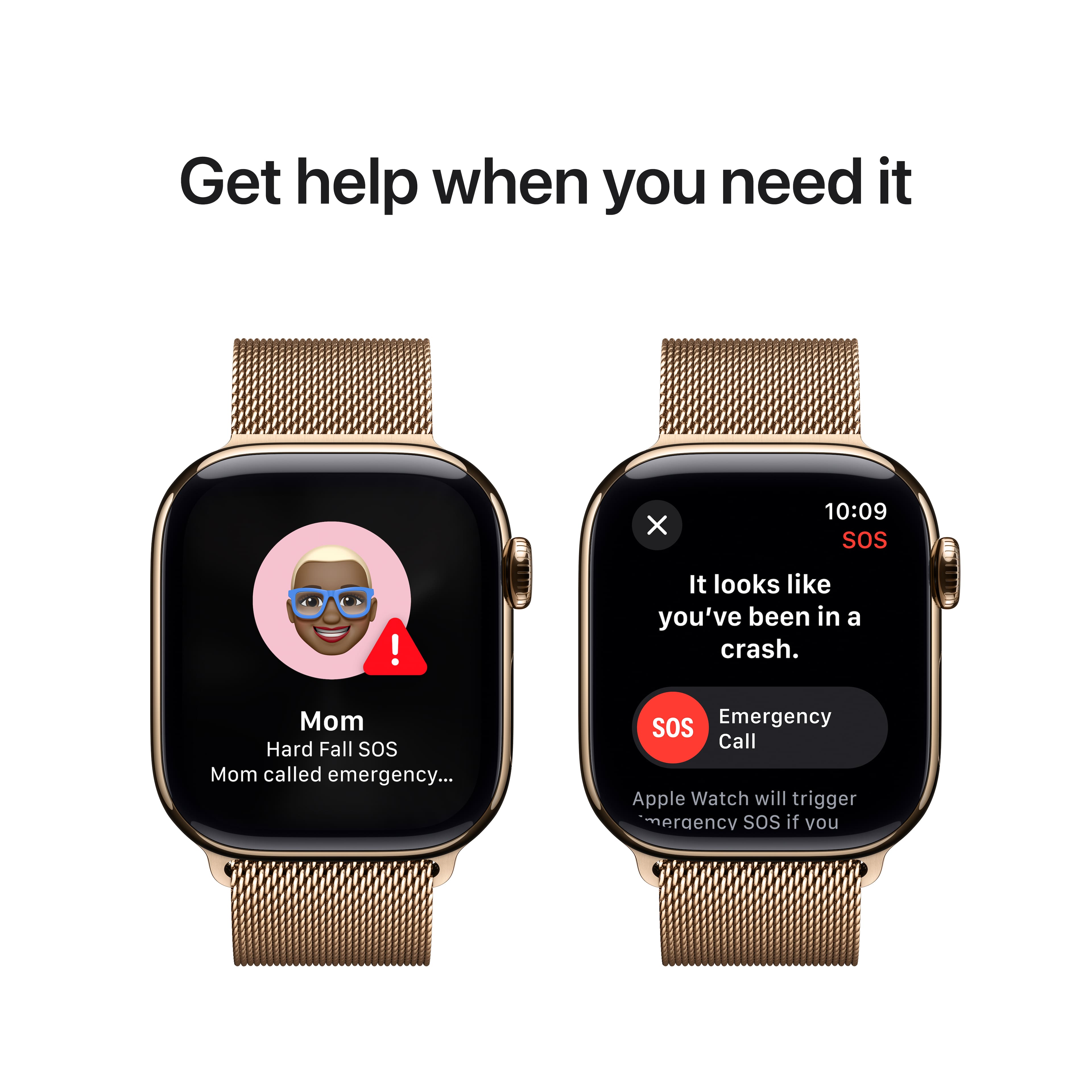 Get help when you need it. It looks like you've been in a crash. Mom called emergency. SoS Emergency Call. Apple Watch will trigger emergency SOS if you've been in a severe crash.