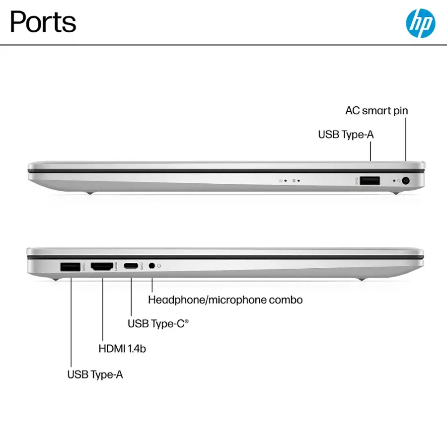 Ports:

* AC smart pin
* USB Type-A
* USB Type-C
* Headphone/microphone combo
* HDMI 1.4b
* USB Type-A