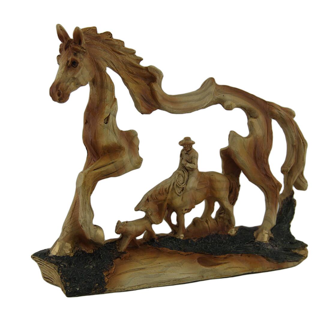 Front. Zeckos - The Wrangler Cowboy In Horse Faux Carved Wood Openwork Statue Western Décor - Brown.