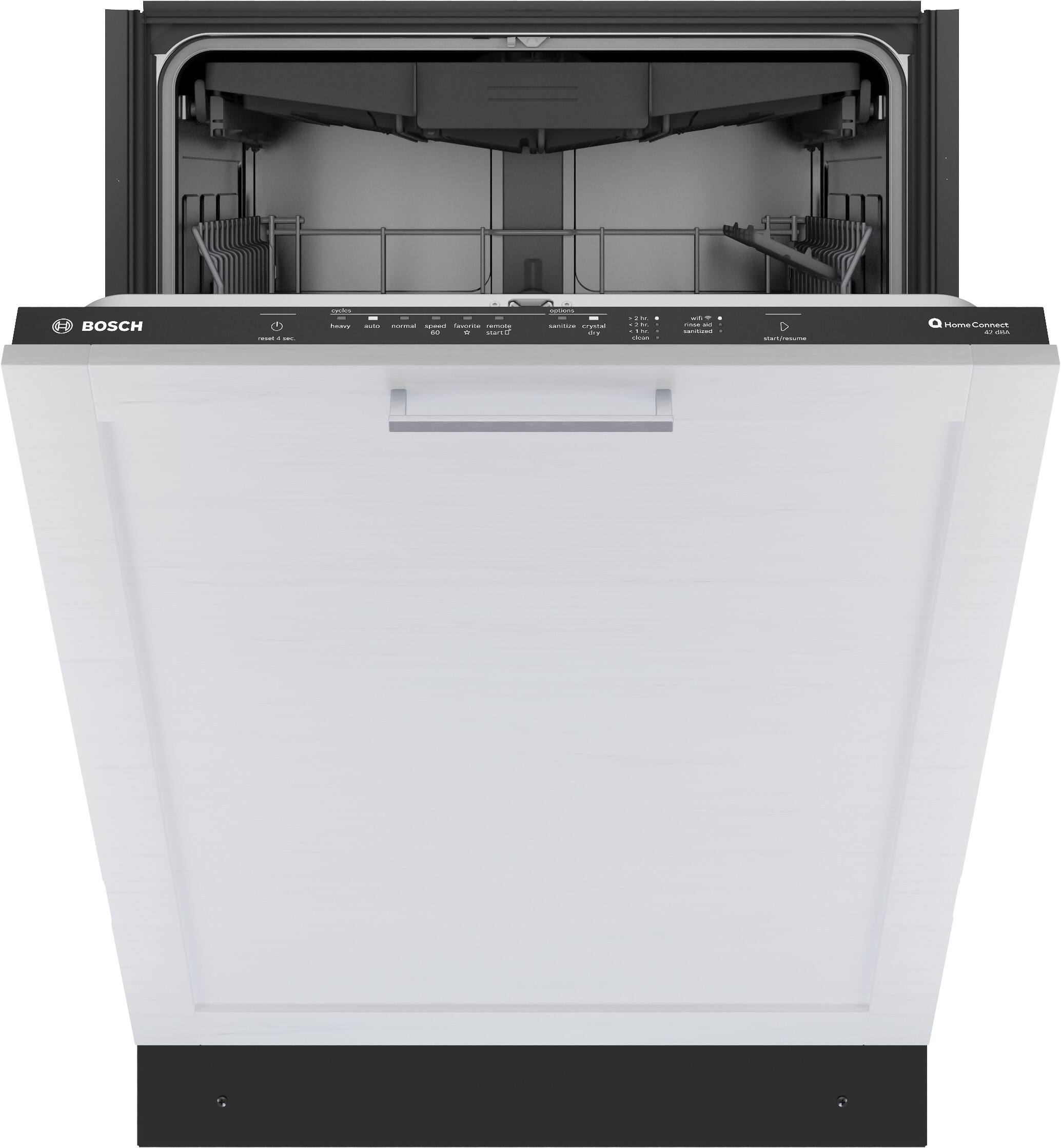 Bosch is the brand of the dishwasher shown in the image. The dishwasher is white and black and has a stainless steel door. It is a modern and sleek appliance that is designed to be energy-efficient and easy to use.