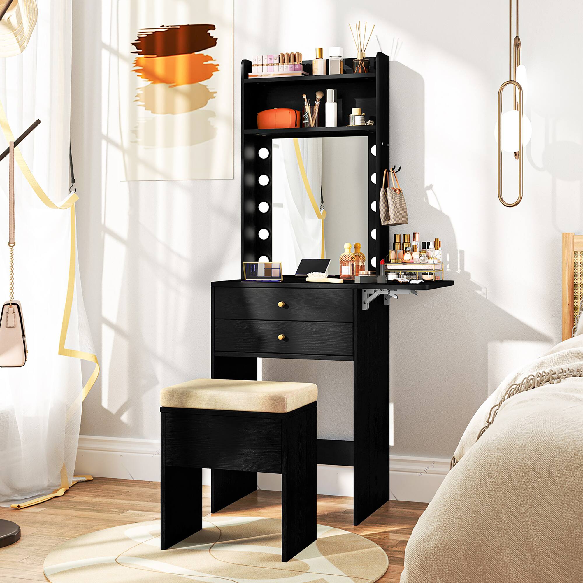 Alt View 1. Gymax - Gymax Vanity Desk Set w/ Mirror and Lights 3-Color Lighted Mirror Cushioned Stool Black - Black.