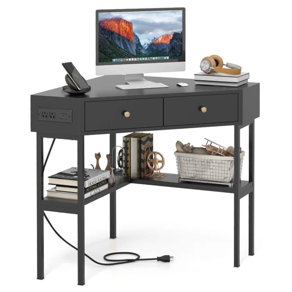 Pefilos - Triangle Corner Desk with Charging Station with 2 Drawers & Storage Shelf, Small Home Office Desk Study Writing Table - Black