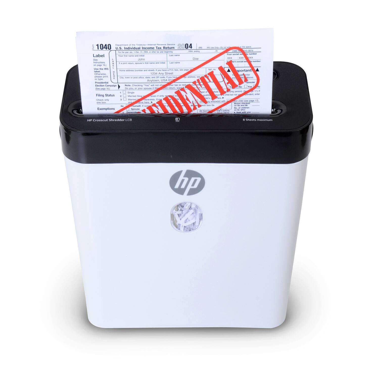 1040  
U.S. Individual Income Tax Return  
2004  

Label  
Your name and address  
First Name:  
Last Name:  
Address:  
City, State, ZIP:  

Filing Status  
Single  
Married filing jointly  
Married filing separately  
Head of household  
Qualifying widow(er) with dependent child  

Exemptions  
1  

Important  
Do not file this copy. Keep it for your records.  

HP Crosscut Shredder LCB
