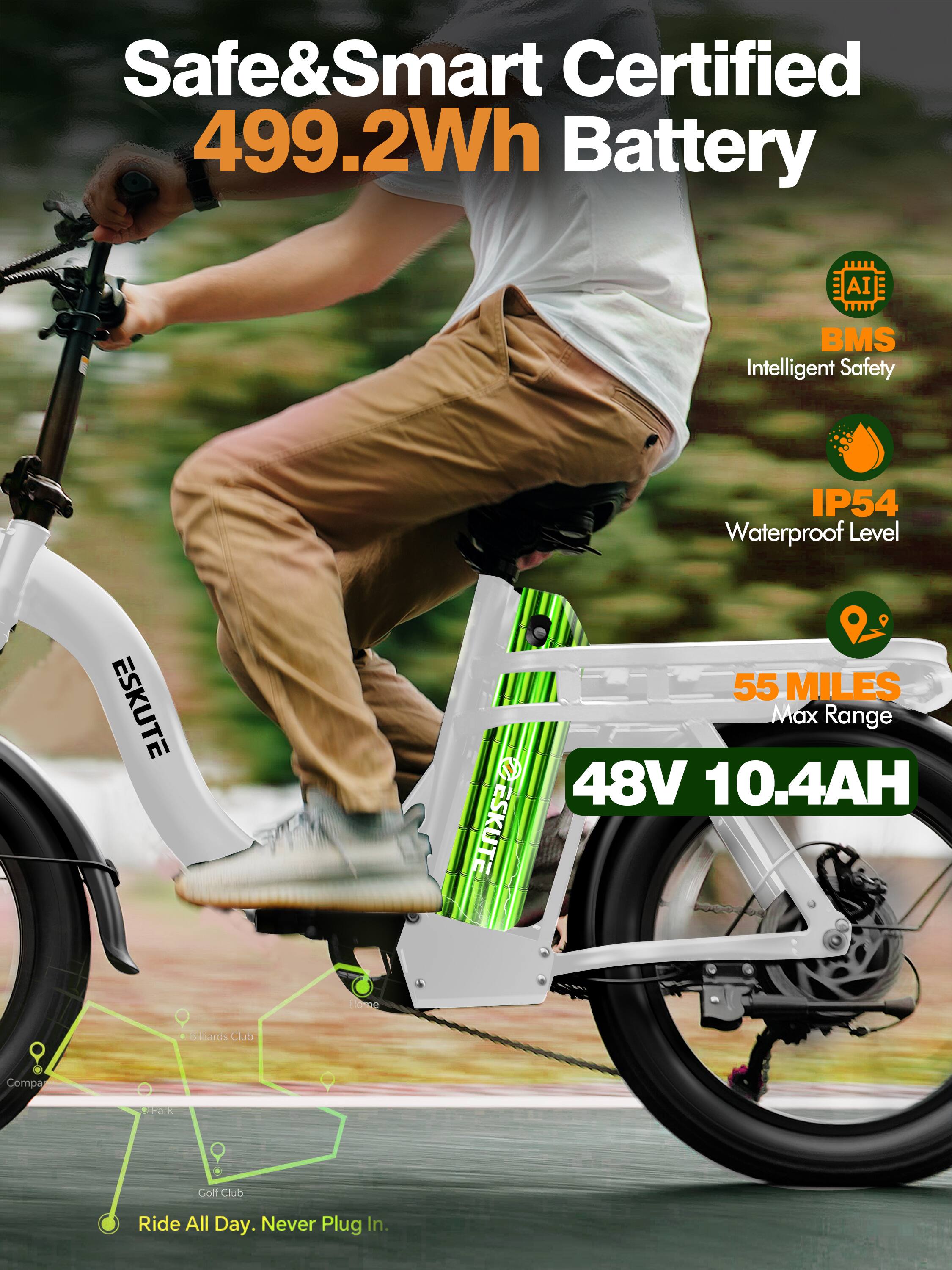 Safe&Smart Certified 499.2Wh Battery AI BMS Intelligent Safety IP54 Waterproof Level ESKUTE 55 MILES Max Range 48V 10.4AH Home Billiards Club Compa Golf Club Ride All Day. Never Plug In.