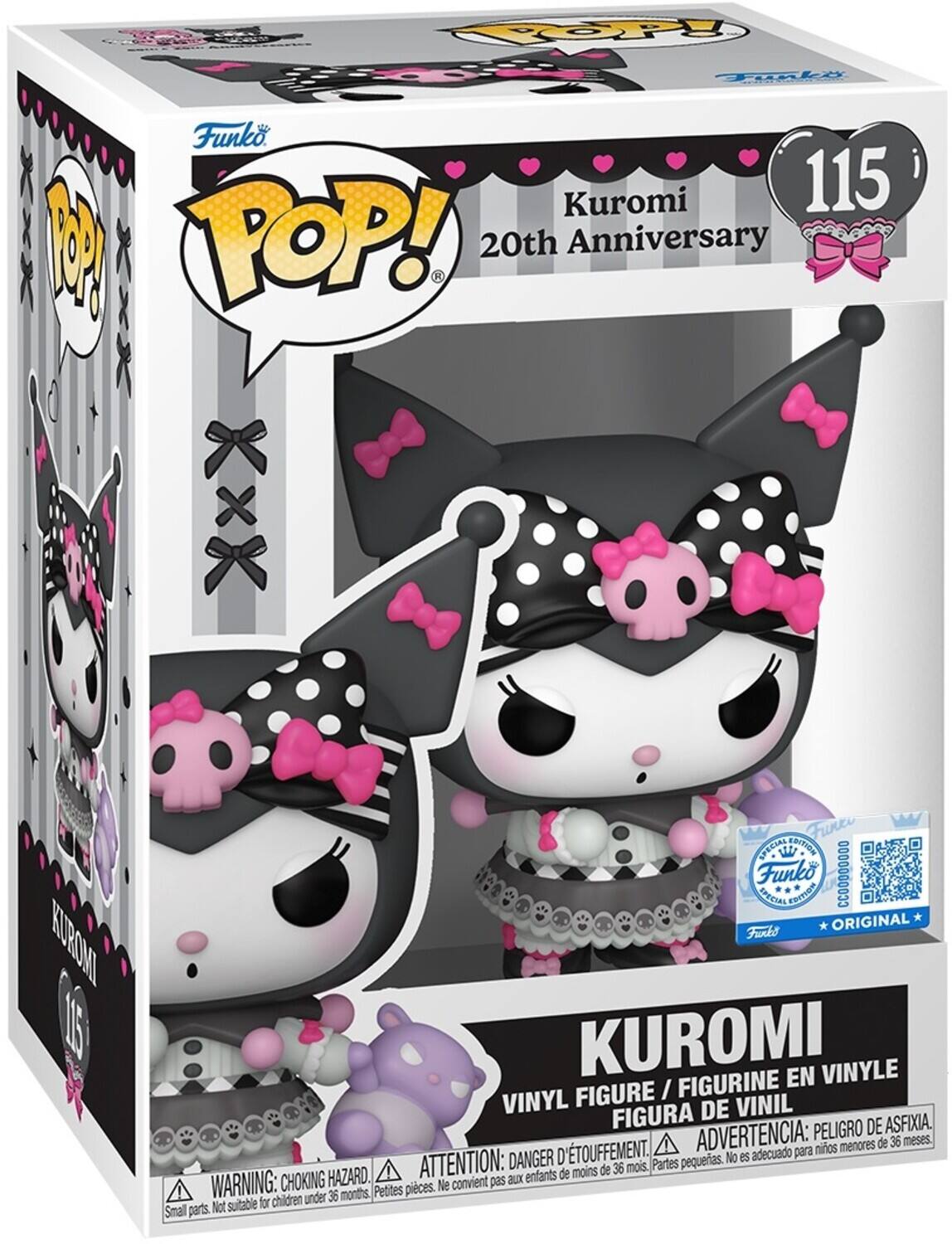 Sure, here is the corrected and grouped text from the image:

---

**Funko POP!**

**115**  
**Kuromi**  
**20th Anniversary**

**KUROMI**  
**VINYL FIGURE / FIGURINE EN VINYLE / FIGURA DE VINIL**

**WARNING: CHOKING HAZARD**  
**ATTENTION: DANGER D'ÉTOUFFEMENT**  
**ADVERTENCIA: PELIGRO DE ASFIXIA**  
**Not suitable for children under 36 months.**  
**Ne convient pas aux enfants de moins de 36 mois.**  
**No es adecuado para niños menores de 36 meses.**  
**Small parts.**

**Funko**  
**ORIGINAL**

**Funko POP!**  
**KUROMI**  
**20th Anniversary**

**Funko**  
**CC0000000**

**Funko**  
**ORIGINAL**

**Funko**  
**POP!**  
**KUROMI**  
**20th Anniversary**

**Funko**  
**POP!**  
**KUROMI**