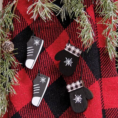 Angle. BreeBe - *2/Set - Black & White Snowflake Mitten & Shoe Dangle Ornaments - Black, White.