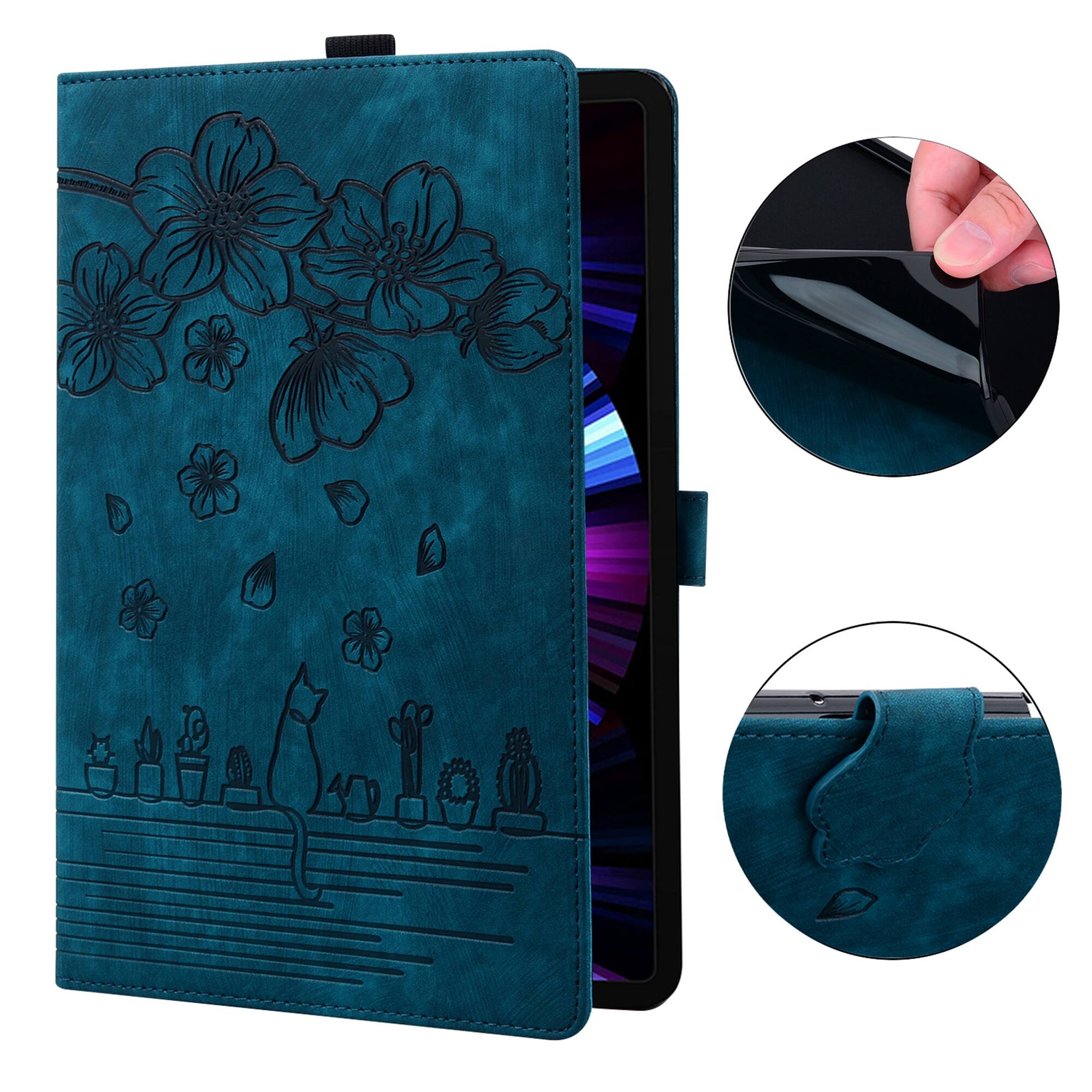 Left. Dteck - For Samsung Galaxy Tab S11 Ultra 14.6-inch Embossed Flower Pattern Folio Case Card Slots Kickstand Cover - Blue.