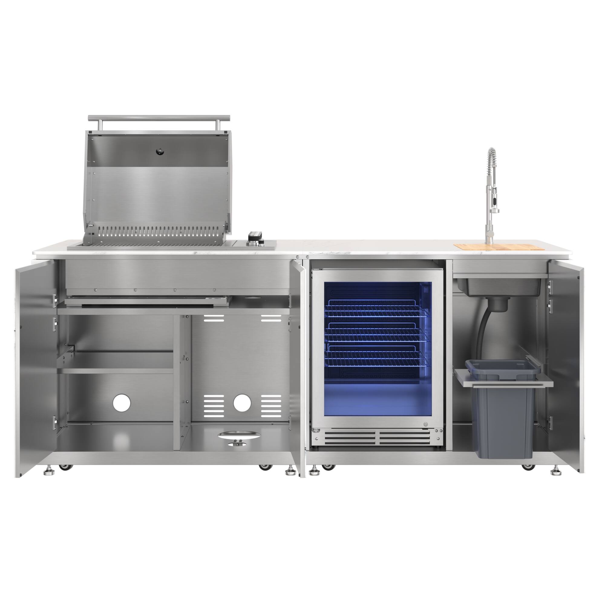 Alt View 3. Koolmore - 95 in. Outdoor Kitchen Island with 4-Burner NG and LP BBQ Grill, White Stone Counters, Sides and Sink in Stainless-Steel - Stainless-Steel and White Stone.