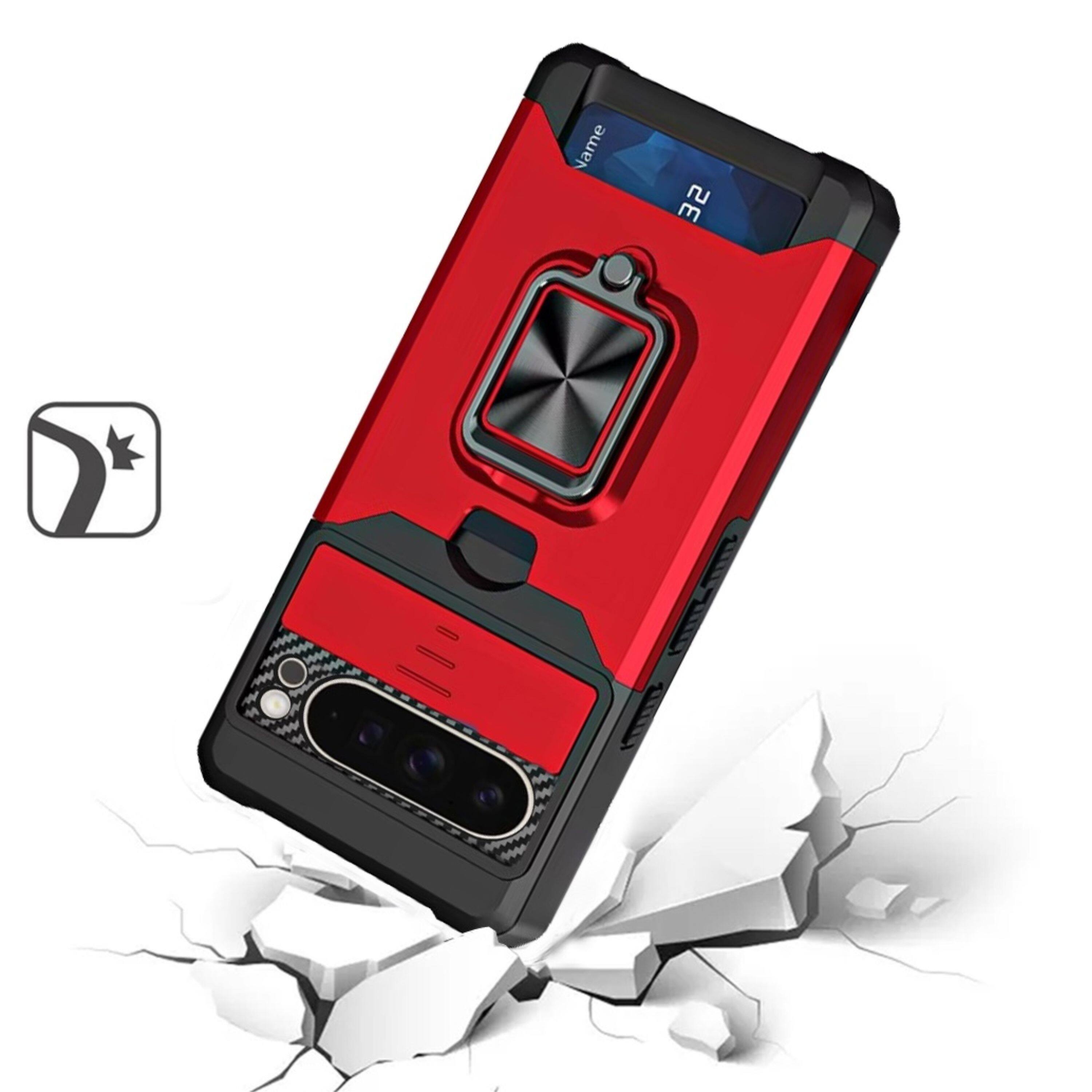 Left. Kitcheniva - Multi-Use Card Holder Lens Cover Phone Case With Tempered Glass For Google Pixel 10 Pro XL Red - Red.