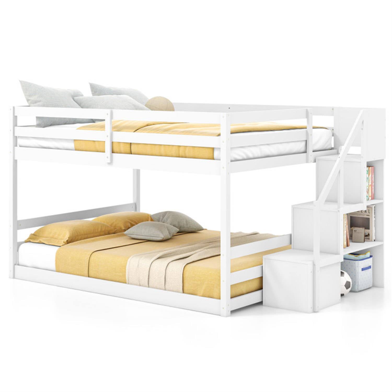 Alt View 7. Pefilos - Full Over Full Bunk Bed with Safety Rail and Storage Stairs, Space-saving Solid Wood Bed Frame - White.