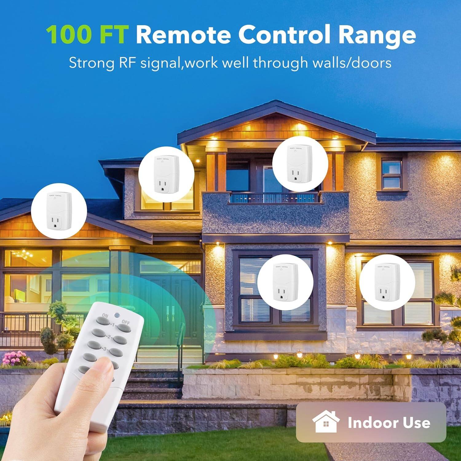 100 FT Remote Control Range  
Strong RF signal, work well through walls/doors  
Indoor Use