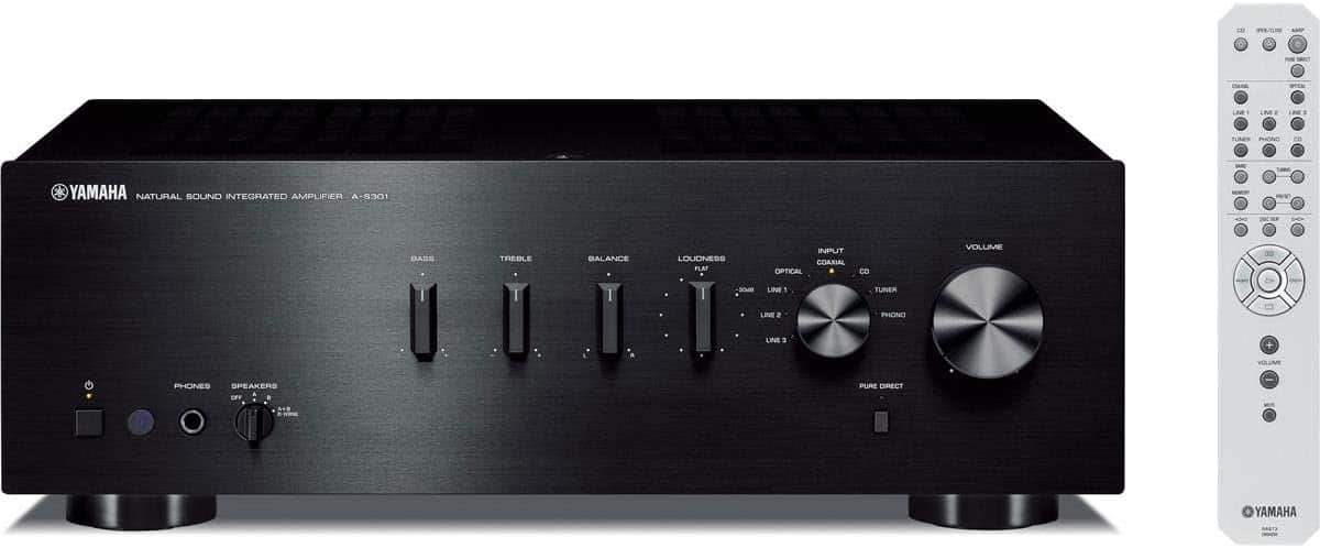 YAMAHA NATURAL SOUND INTEGRATED AMPLIFIER A-8301 TREBLE BALANCE LOUDNESS FLAT INPUT COAXIAL OPTICAL CO LINE TUNER LINE 2 PHONO LINE 1 VOLUME PHONES SPEAKERS PURE DIRECT A YAMAHA