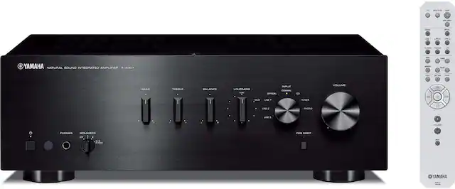 YAMAHA NATURAL SOUND INTEGRATED AMPLIFIER A-8301 TREBLE BALANCE LOUDNESS FLAT INPUT COAXIAL OPTICAL CO LINE TUNER LINE 2 PHONO LINE 1 VOLUME PHONES SPEAKERS PURE DIRECT A YAMAHA
