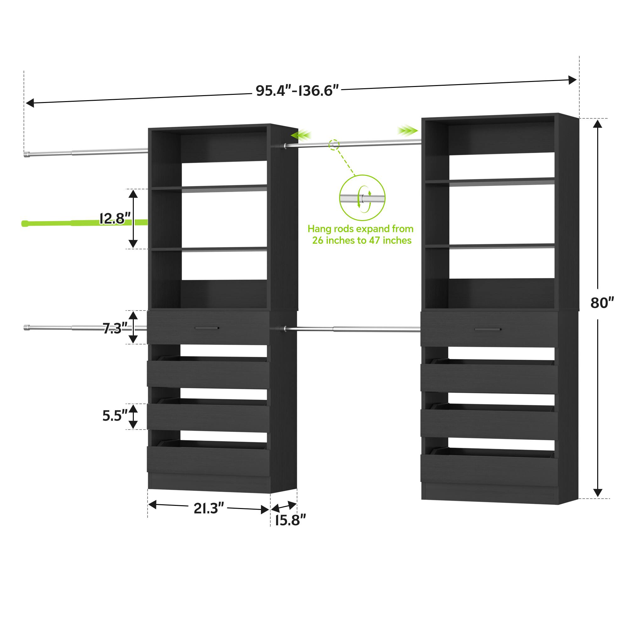95.4"-136.6"  
12.8"  
Hang rods expand from 26 inches to 47 inches  
80"  
7.3"  
5.5"  
21.3"  
15.8"