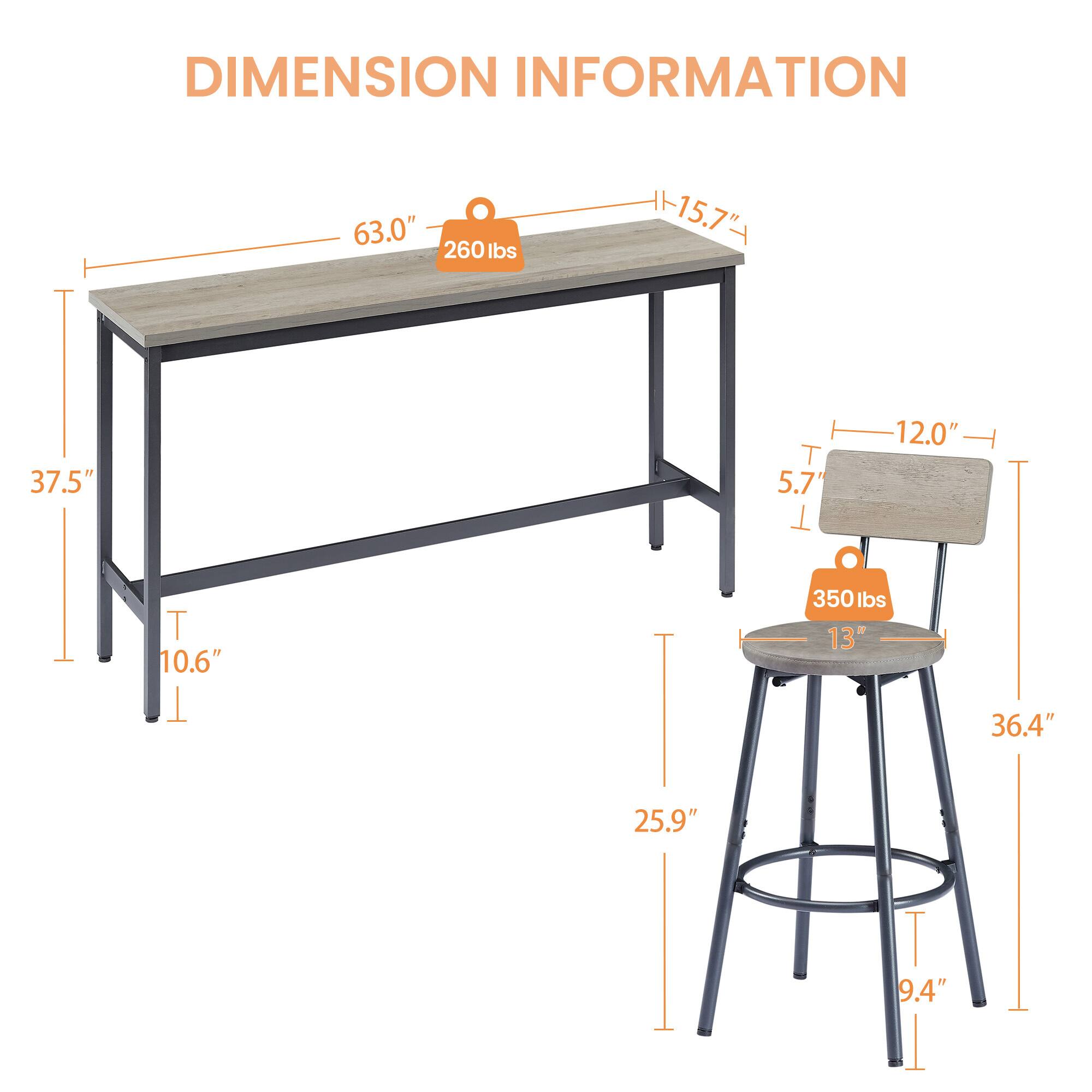 DIMENSION INFORMATION

- Table:
  - Length: 63.0"
  - Width: 37.5"
  - Height: 35.7"
  - Thickness: 1.5"
  - Weight Capacity: 260 lbs

- Stool:
  - Height: 36.4"
  - Seat Diameter: 13"
  - Seat Thickness: 5.7"
  - Base Diameter: 25.9"
  - Weight Capacity: 350 lbs