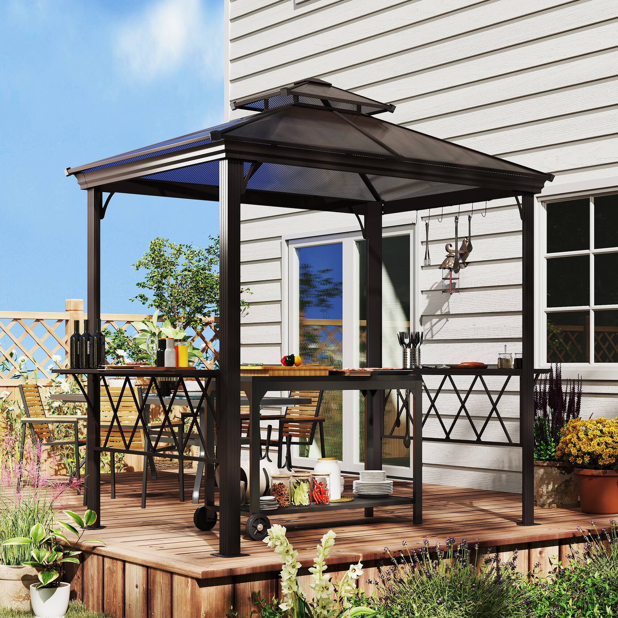 Alt View 1. Outsunny - Outside Porch BBQ Cooking Pergola Canopy w/ 6 Hooks for Utensils & Double Venting - Coffee.