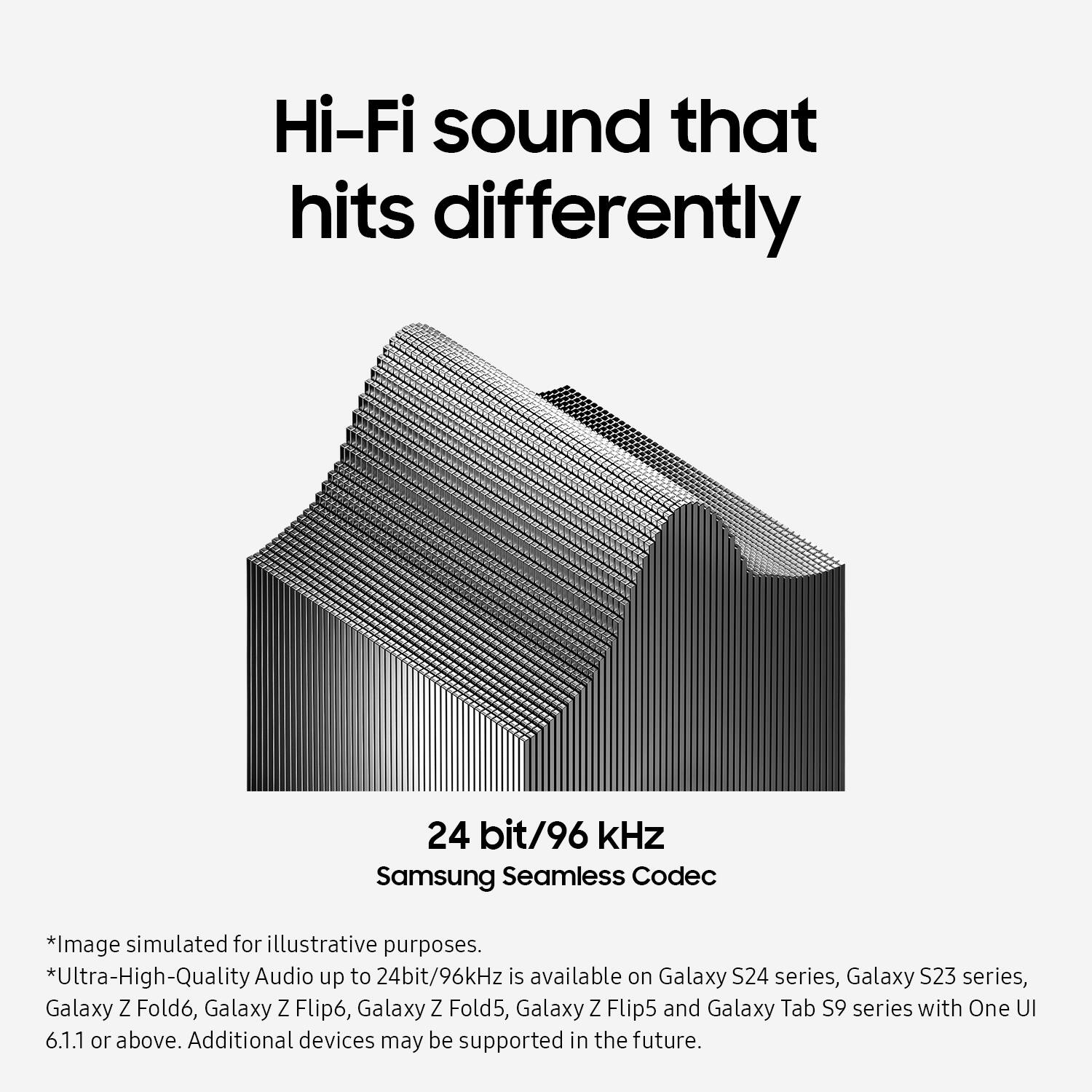 Hi-Fi sound that hits differently. 24 bit/96 kHz Samsung Seamless Codec. Image simulated for illustrative purposes. Ultra-High-Quality Audio up to 24bit/96kHz is available on Galaxy S24 series, Galaxy S23 series, Galaxy Z Fold6, Galaxy Z Flip6, Galaxy Z Fold5, Galaxy Z Flip5 and Galaxy Tab S9 series with One UI 6.1.1 or above. Additional devices may be supported in the future.