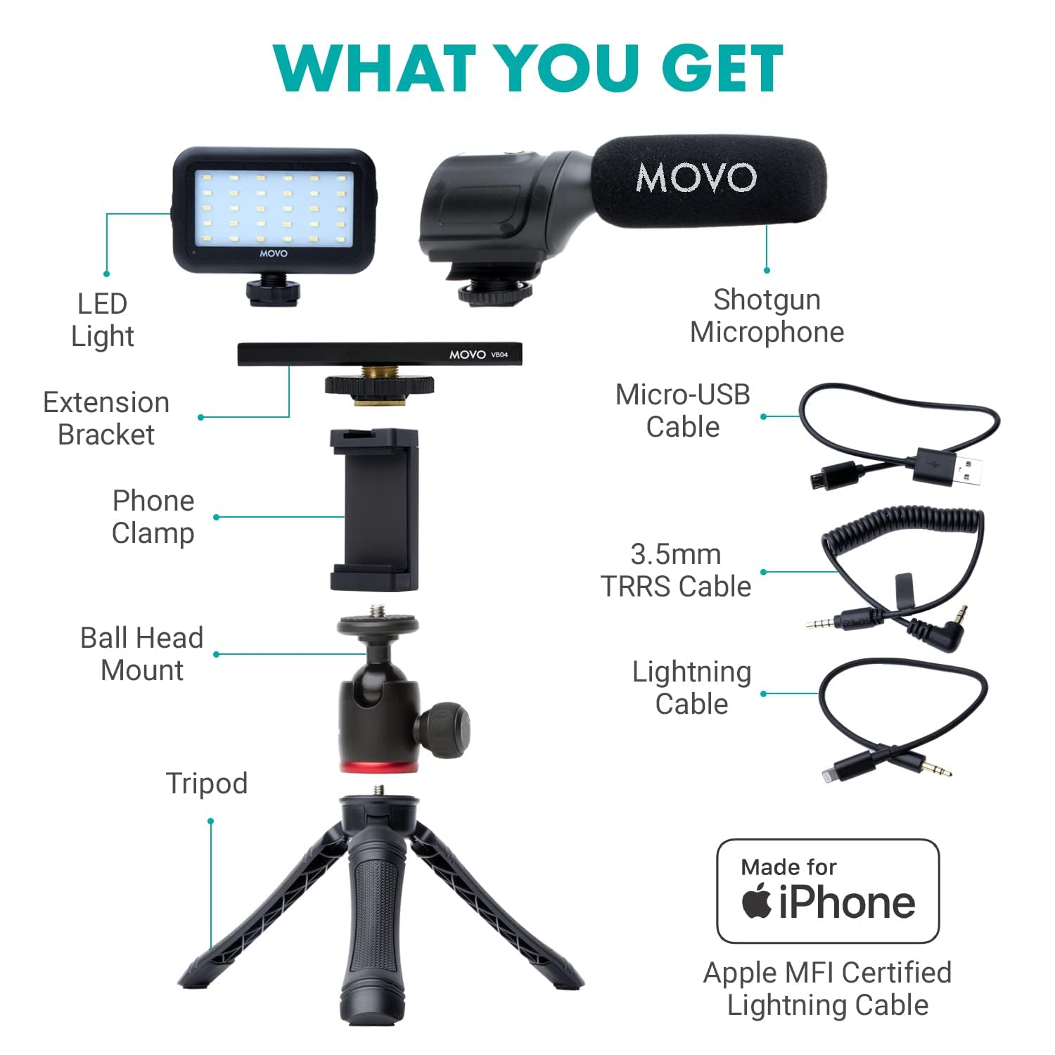 WHAT YOU GET

- LED Light
- Extension Bracket
- Phone Clamp
- Ball Head Mount
- Tripod
- Shotgun Microphone
- Micro-USB Cable
- 3.5mm TRRS Cable
- Lightning Cable
- Made for iPhone
- Apple MFI Certified Lightning Cable