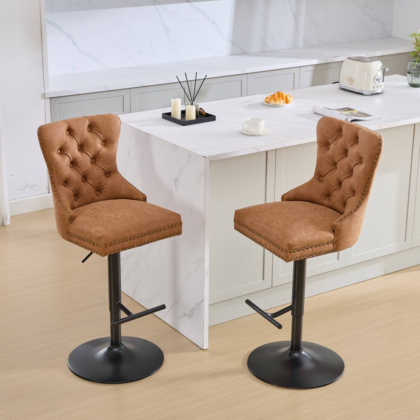 Front. PexFix - Modern Retro Bar Stools with Backs, Set of 2, Comfortable Tufted Leather, Adjustable Swivel for Home Pub - Orange.