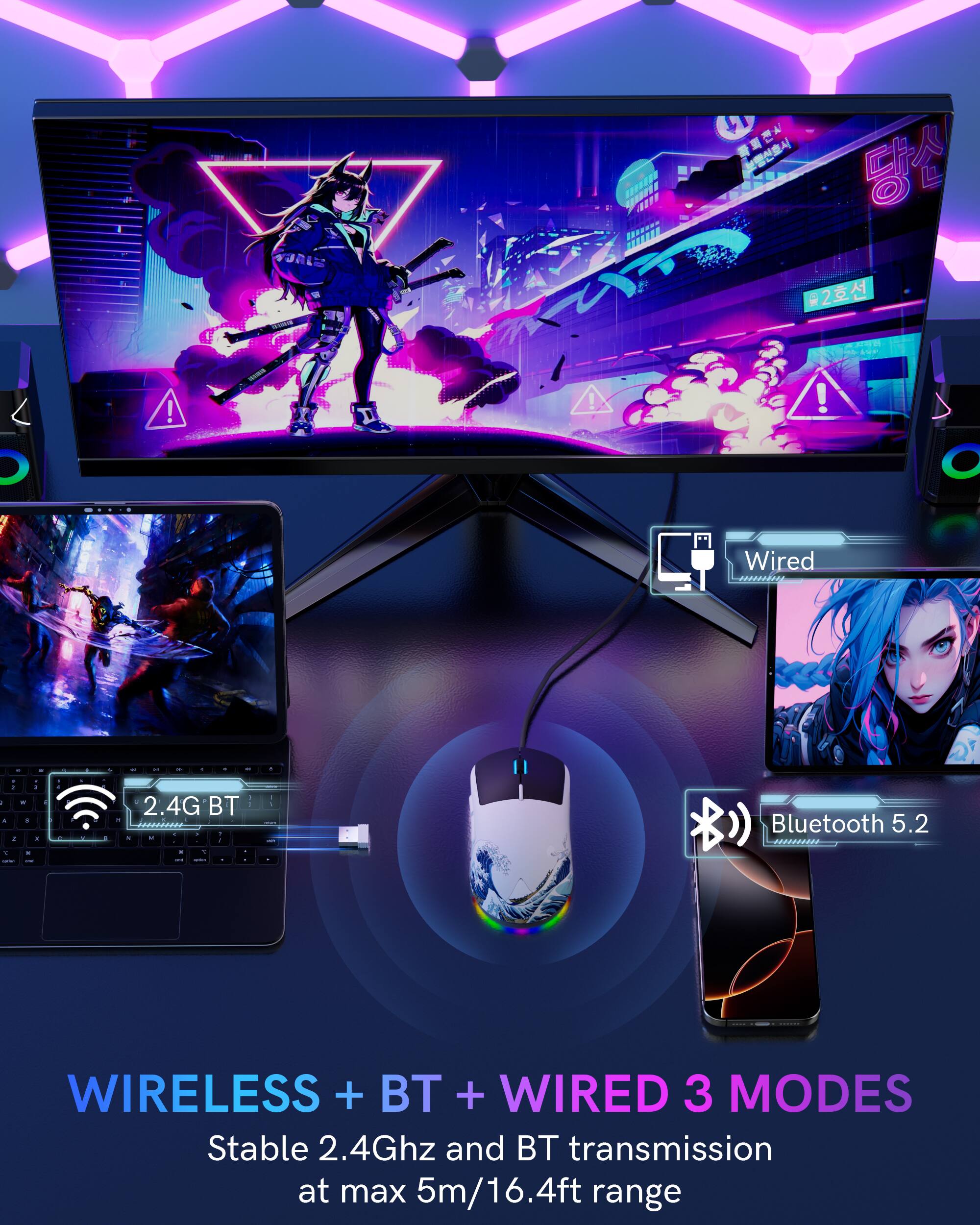 2000
4,000
2

Wired ..........
1 A
- . 1 ,
C -
1
A
2.4G BT R . . . - - 1
- -
5

WIRELESS + BT + WIRED 3 MODES
Stable 2.4Ghz and BT transmission at max 5m/16.4ft range