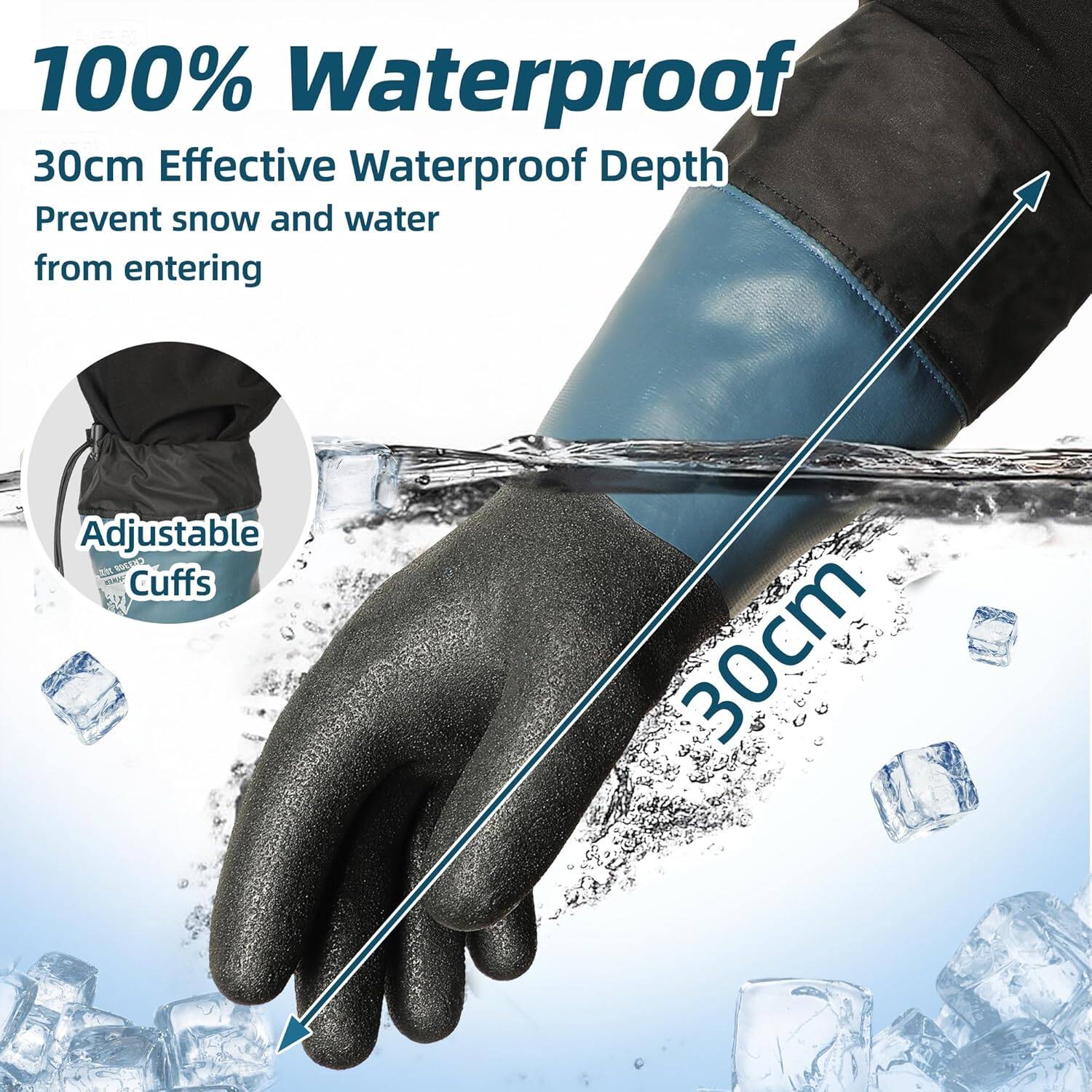 100% Waterproof  
30cm Effective Waterproof Depth  
Prevent snow and water from entering  

Adjustable Cuffs