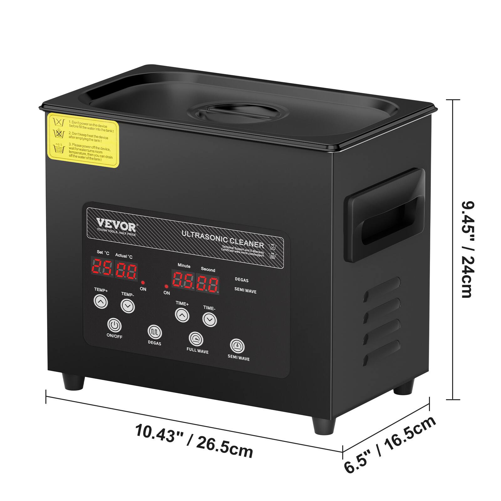 WXI - Conn  W tamo a Te - - 1 TE 1 srR 18 Mur -oe -  te  ma m T N 1 Pa sarto  o TH - - -ememaur nmm - te P 1 - war -a TT VEVOR -N SNL  POK Bet d Aifual C 88 80 TEMP+ CN TEMP. ULTRASONIC UL  CLEANER I  L - -  Minute Second DESAS SEMI WAVE ON TIME+ TIME- 9.45" I 24cm OHOPF OUL DEGAS FULL WAVE SEMI WANE 10.43" I 26.5cm I 16.5cm 6.5"
