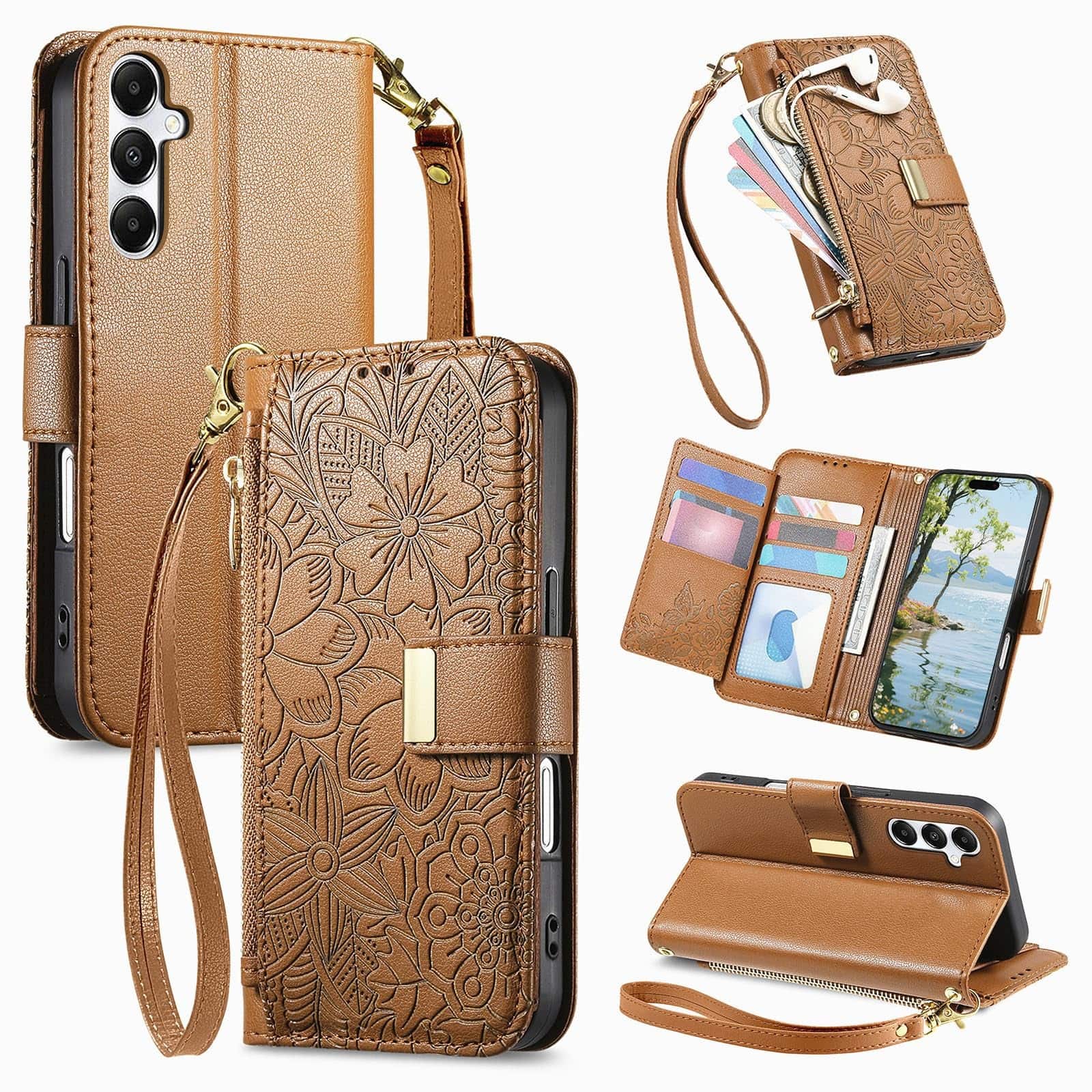 UUCOVER - Floral PU Leather Wallet Case for Samsung Galaxy A16 5G with Zipper Pocket, Cash Card Slot, Shoulder & Wrist Strap - Brown price history on PriceWatchPro
