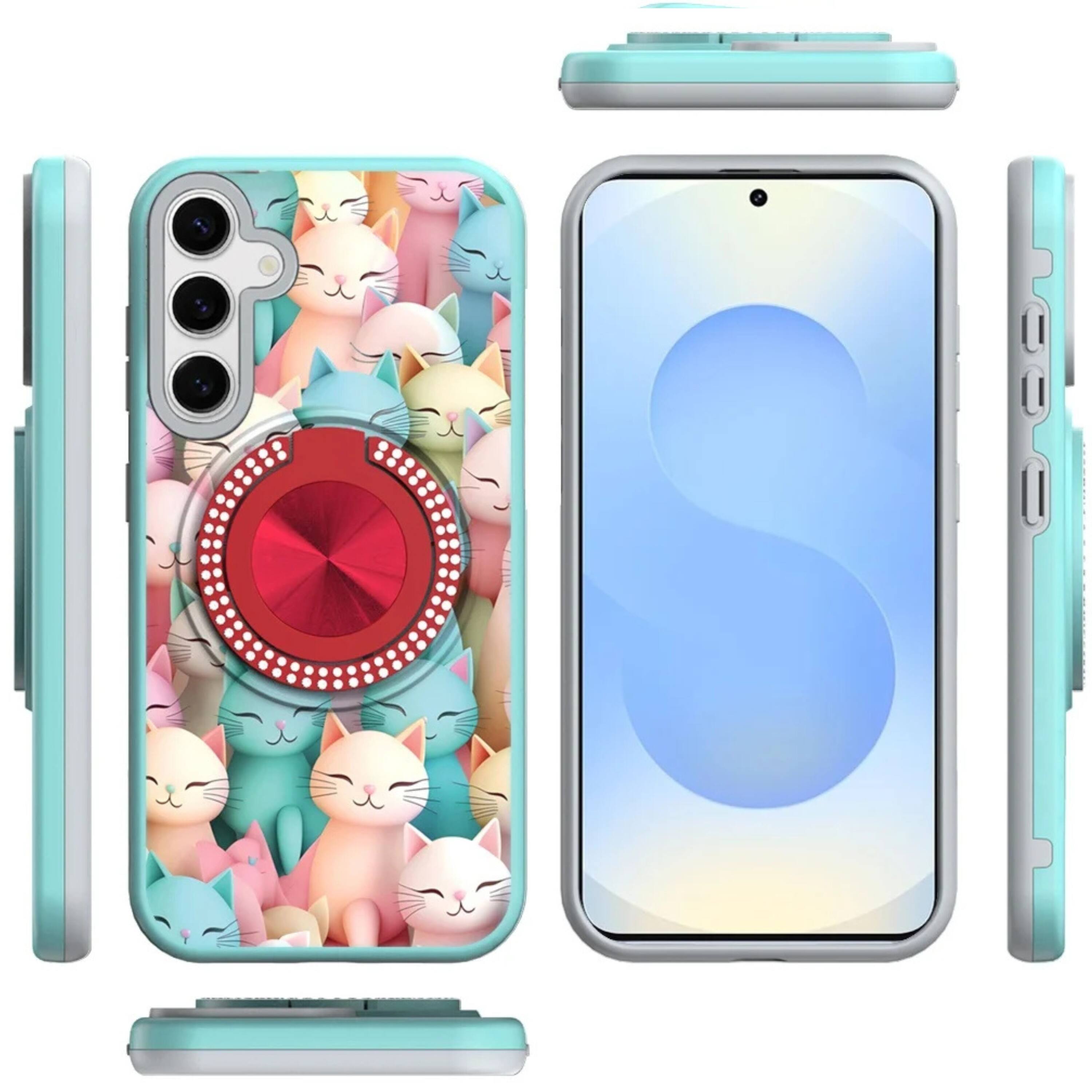 Angle. Kitcheniva - Printed Design Ring Stand Case With Tempered Glass For Samsung S25 Plus S24 Plus Cats - Cats.