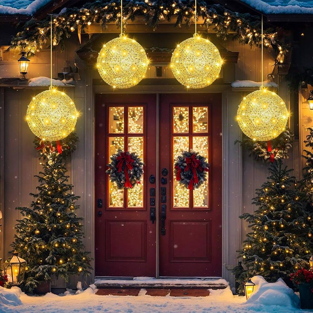 Left. RTMB - 4-Pack 8" Outdoor LED Light Balls, Warm White Hanging Garden Spheres - yellow.