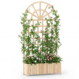 Costway - 1 PCS 71" Wooden Raised Garden Bed with Trellis, Drainage Holes for Flowers Vegetables - Natural