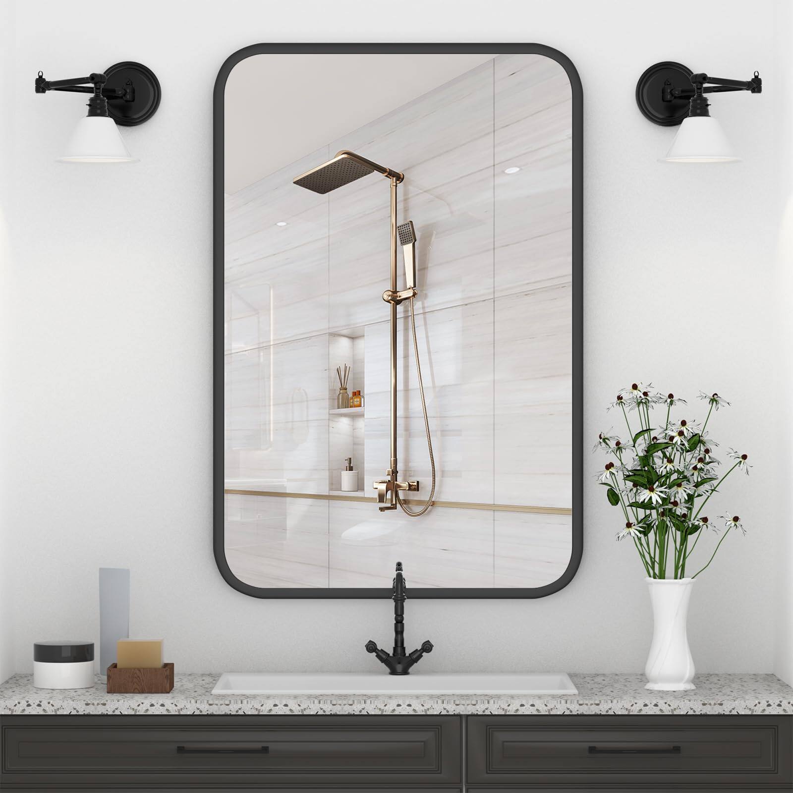 Alt View 6. Comfort Essence - Mirror For Bathroom 20" X 30" Rounded Corner Rectangle With Wooden Framed Wall Decor 20" 30" Natural - Black-30"L x 20"W.