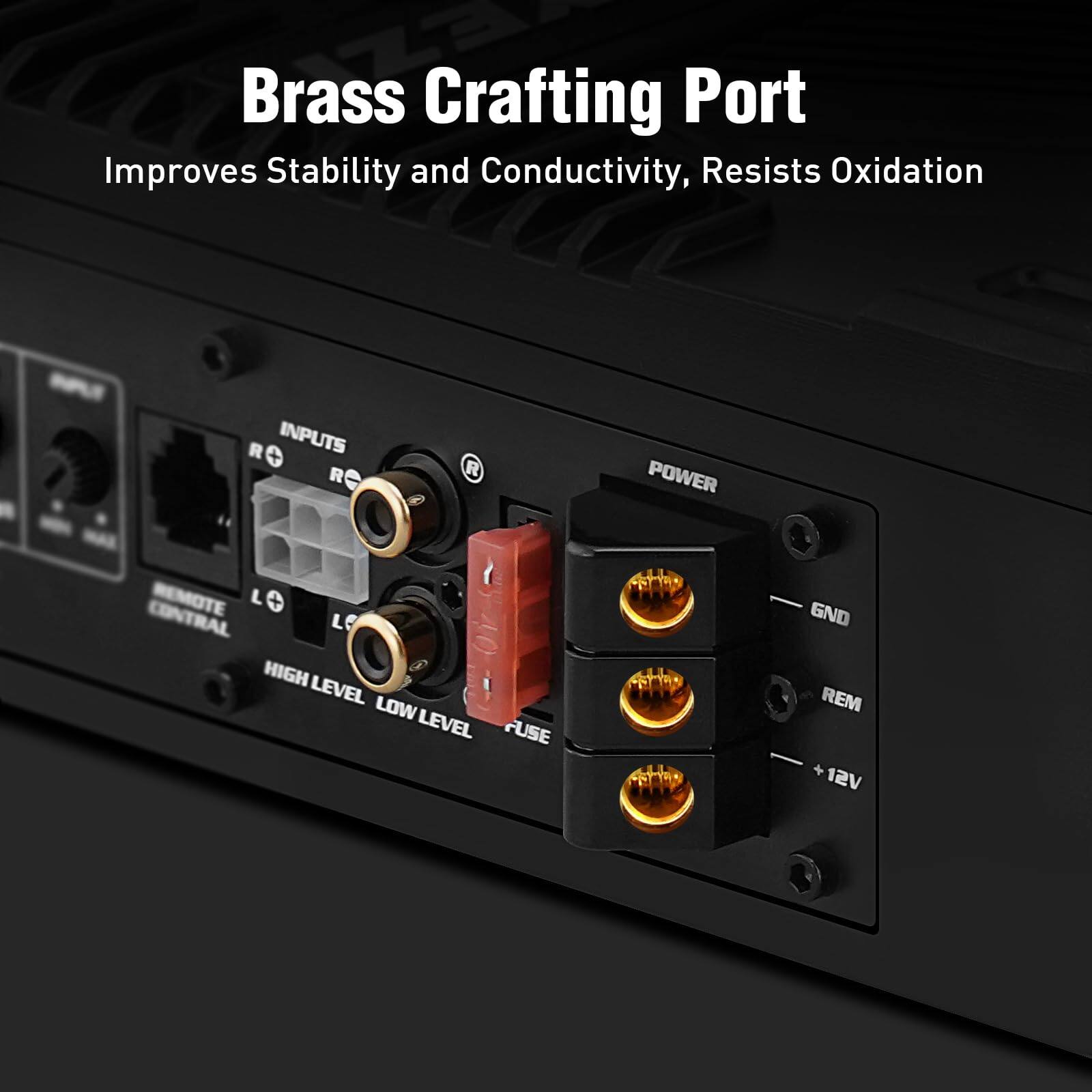 Brass Crafting Port  
Improves Stability and Conductivity, Resists Oxidation  

Inputs: R, L  
Remote Control: L, R  
High Level, Low Level  
Power: GND, REM, +12V