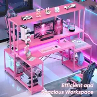Bestier 71.5" LED Gaming Desk with Hutch featuring a Computer Desk with Power Outlet and Monitor Stand - Pink - Front_Zoom
