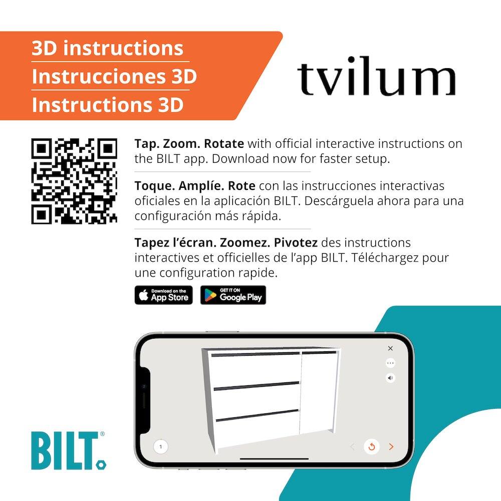3D instructions  
Instrucciones 3D  
Instructions 3D  

Tap. Zoom. Rotate with official interactive instructions on the BILT app. Download now for faster setup.  
Toque. Amplíe. Rote con las instrucciones interactivas oficiales en la aplicación BILT. Descárguela ahora para una configuración más rápida.  
Tapez l'écran. Zoomez. Pivotez des instructions interactives et officielles de l'appli BILT. Téléchargez pour une configuration rapide.  

Download on the App Store  
GET IT ON Google Play  

BILT.