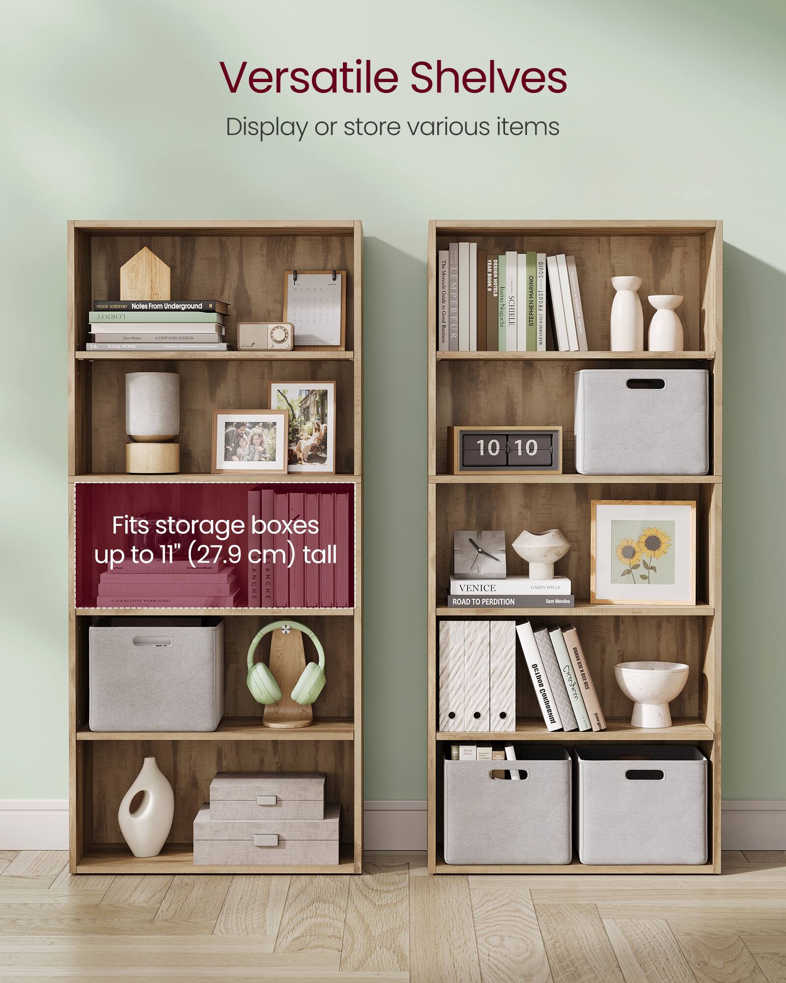 Versatile Shelves  
Display or store various items  

Fits storage boxes up to 11" (27.9 cm) tall  

VENICE ROAD TO PERDITION  
GARRY WILLS  
Sam Mcloughlin  

10 10  

Notes From Underground  
Fyodor Dostoevsky  

SCHIELE MARIN AILITEN  
Proust  

EMPEL  
LOm  

DEsbee  
N0-58  
cobeonnt