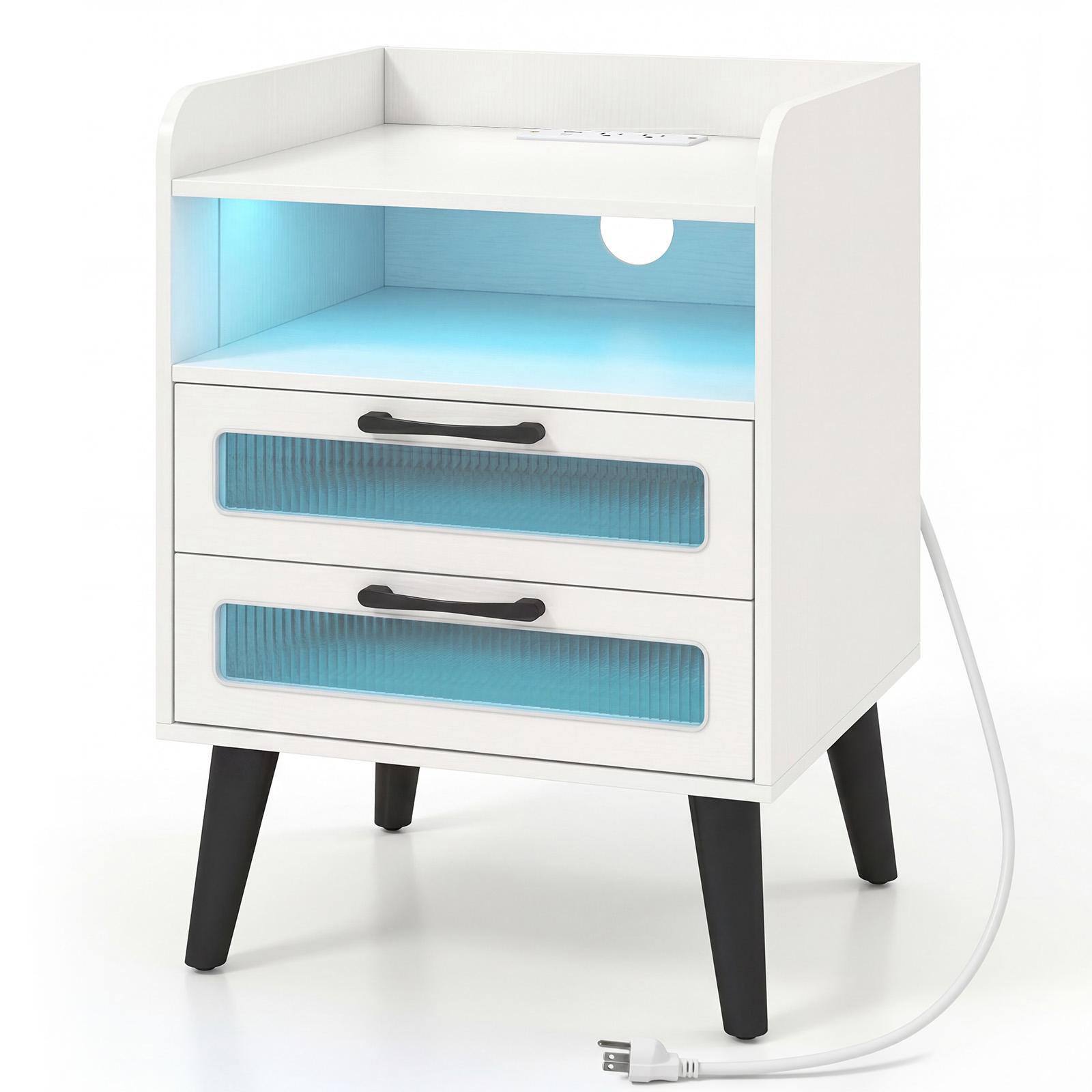 Alt View 9. Costway - Costway 1 PCS Nightstand with Charging Station and LED Lights, Open Shelf and 2 Fluted Drawers - White.