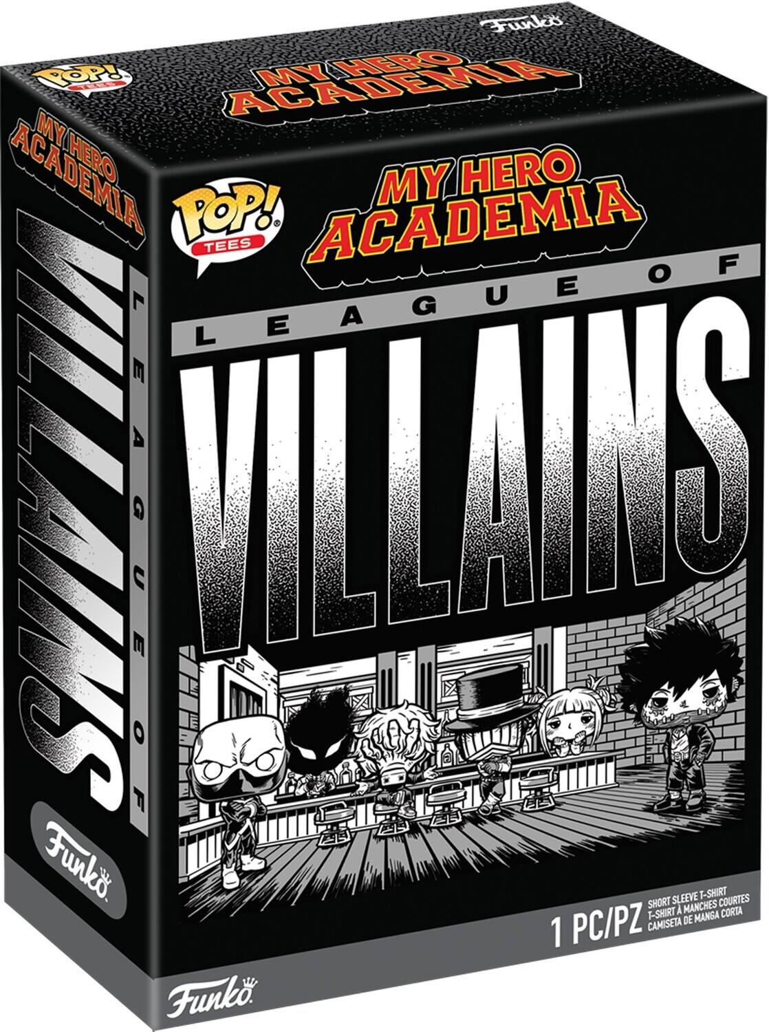 Sure, here is the corrected and grouped text from the image:

---

**Top Left:**
- POP! TEES

**Top Center:**
- MY HERO ACADEMIA

**Top Right:**
- MY HERO ACADEMIA

**Center:**
- LEAGUE OF VILLAINS

**Bottom Left:**
- Funko

**Bottom Right:**
- 1 PC/PZ
- SHORT SLEEVE T-SHIRT
- T-SHIRT À MANCHES COURTES
- CAMISETA DE MANSA

**Bottom Center:**
- Funko

---