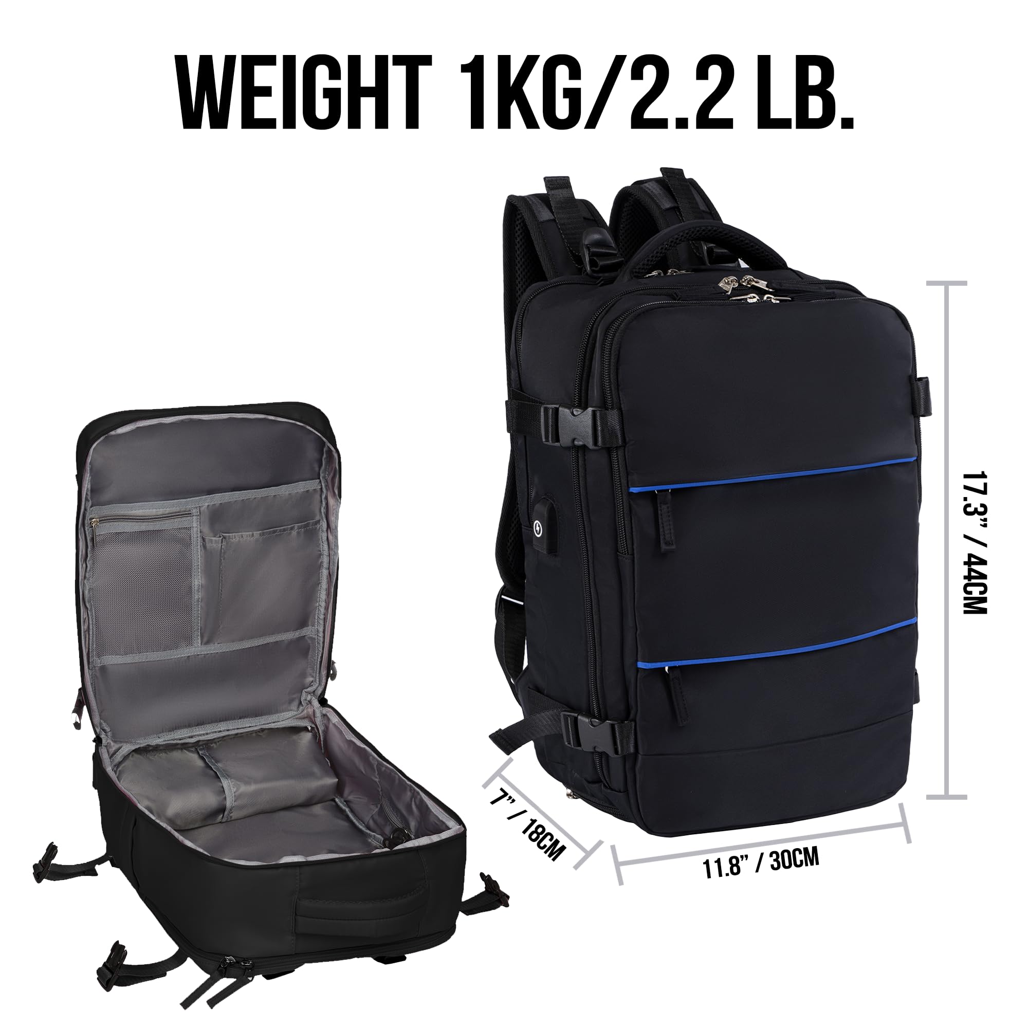 Left. Pacoar Cade - Airline Flight Approved Multifunctional Large Travel Backpack For Women Man Carry On personal Item Under 18x14x8 Laptop - Default.