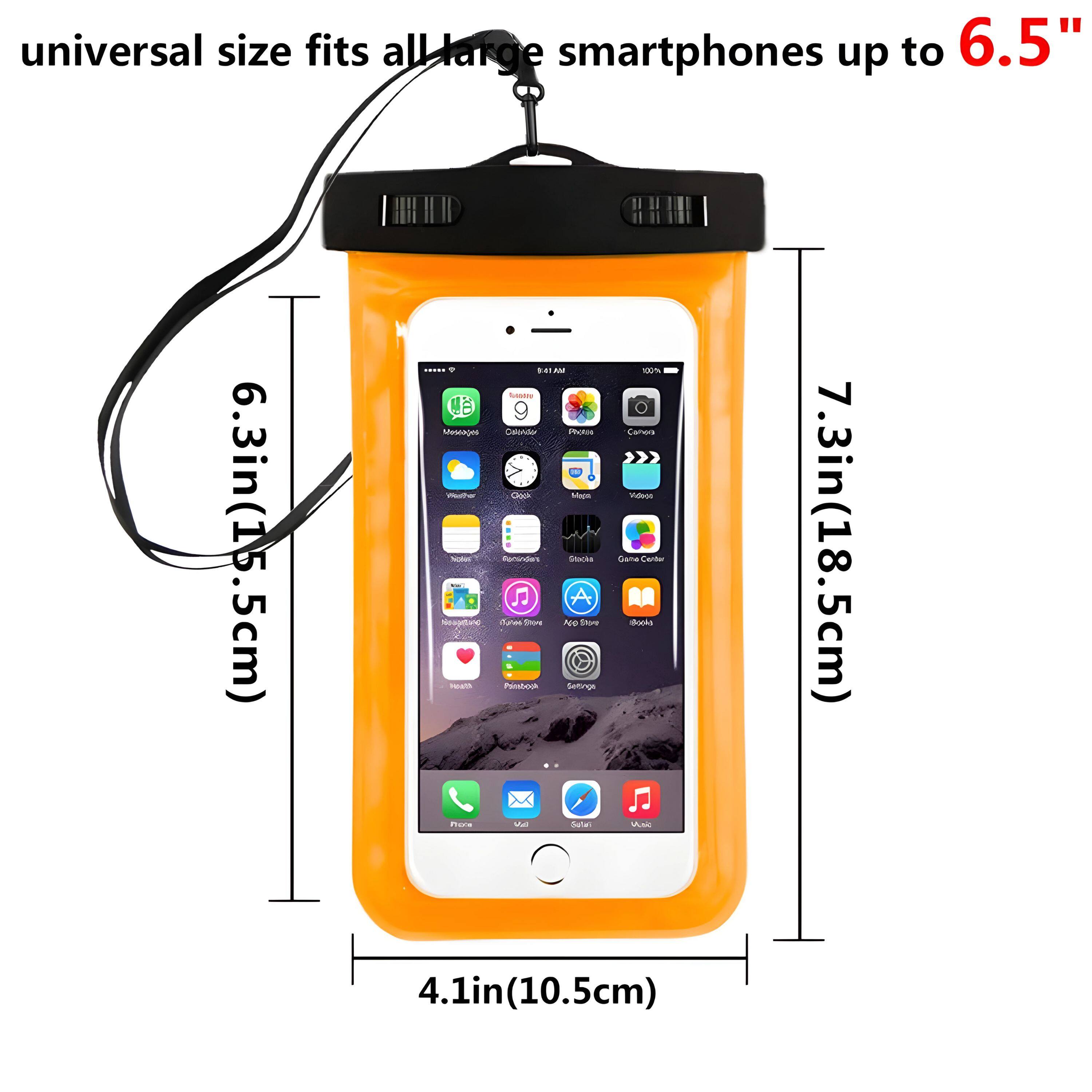 universal size fits all large smartphones up to 6.5"  
6.3in(15.5cm) H  
4.1in(10.5cm)  
7.3in(18.5cm)