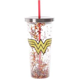 Spoontiques - DC Comics Wonder Woman Double Walled Insulated Acrylic Tumbler Glitter Cup with Straw 20 ounce - Multicolor