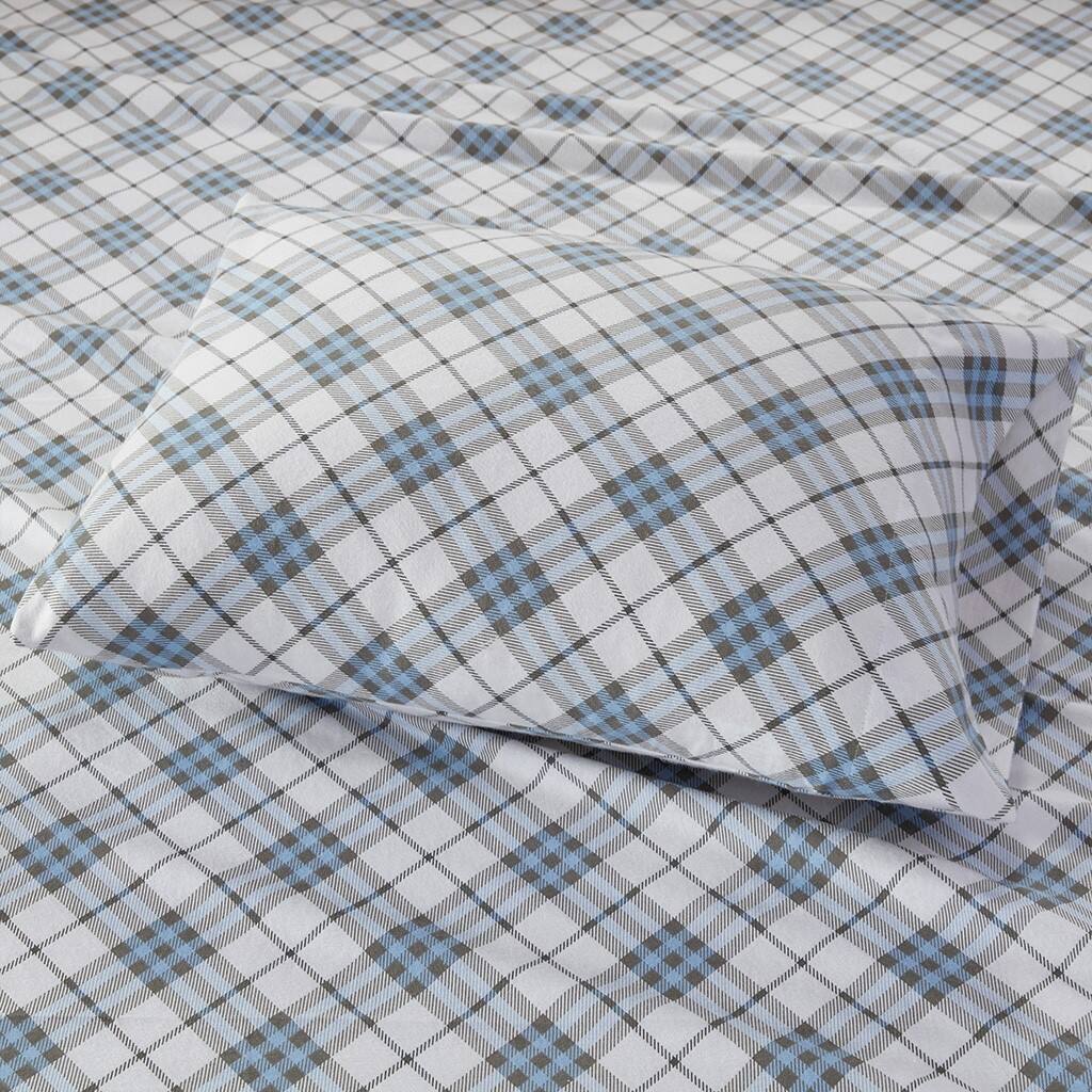 Alt View 2. Gracie Mills - Gracie Mills Persephone Cotton Flannel Sheet Set - Blue Plaid.