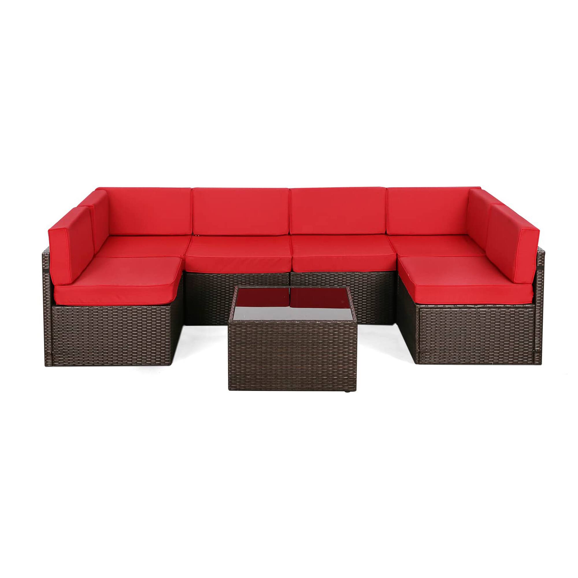 Alt View 1. Mondawe - 7-Piece Rattan Sofa Set with Polyester Cushions - Brown+Red.