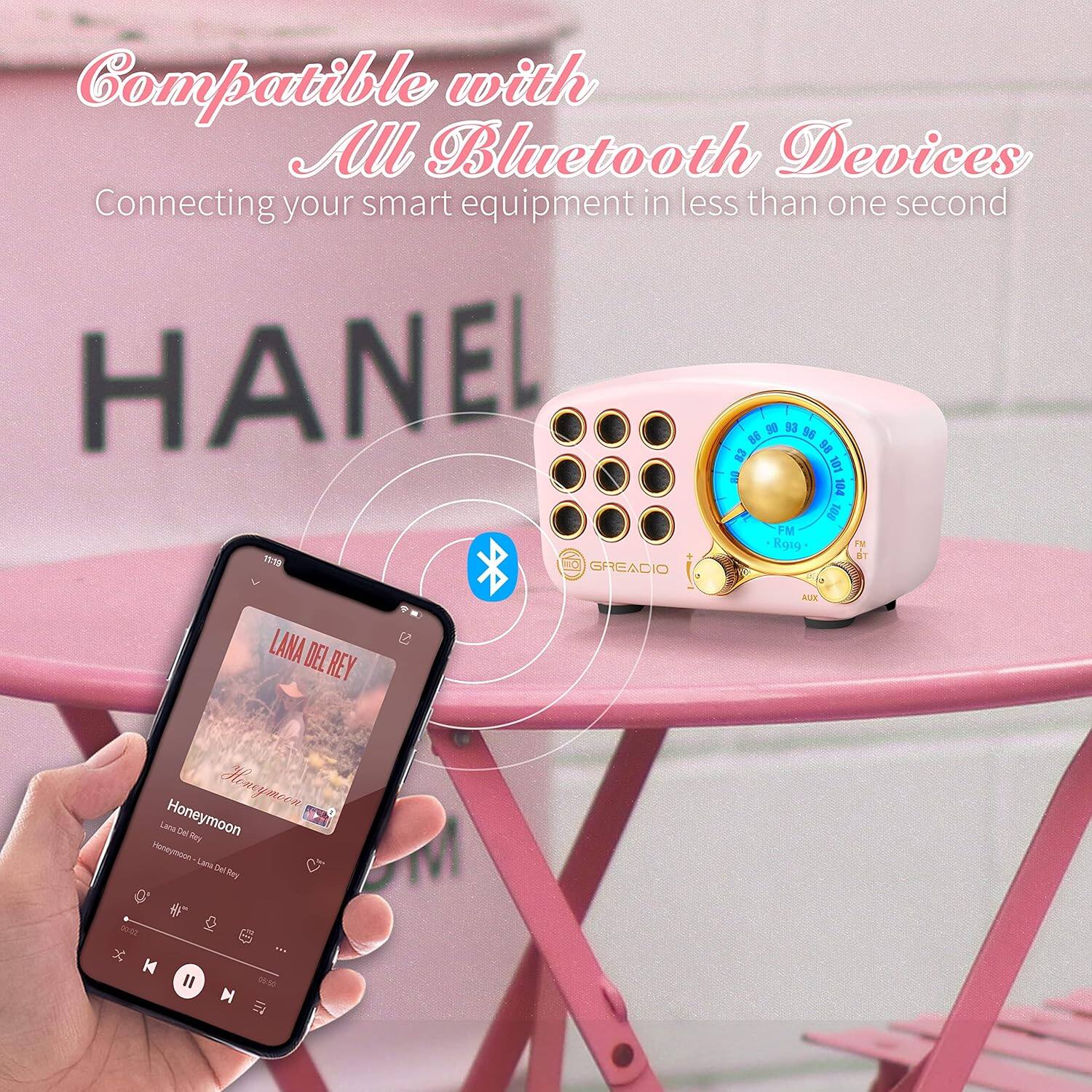 Compatible with All Bluetooth Devices  
Connecting your smart equipment in less than one second  

HANEL  

Lana Del Rey  
Honeymoon  
Lana Del Rey - Lana Del Rey  

00:02 / 06:00