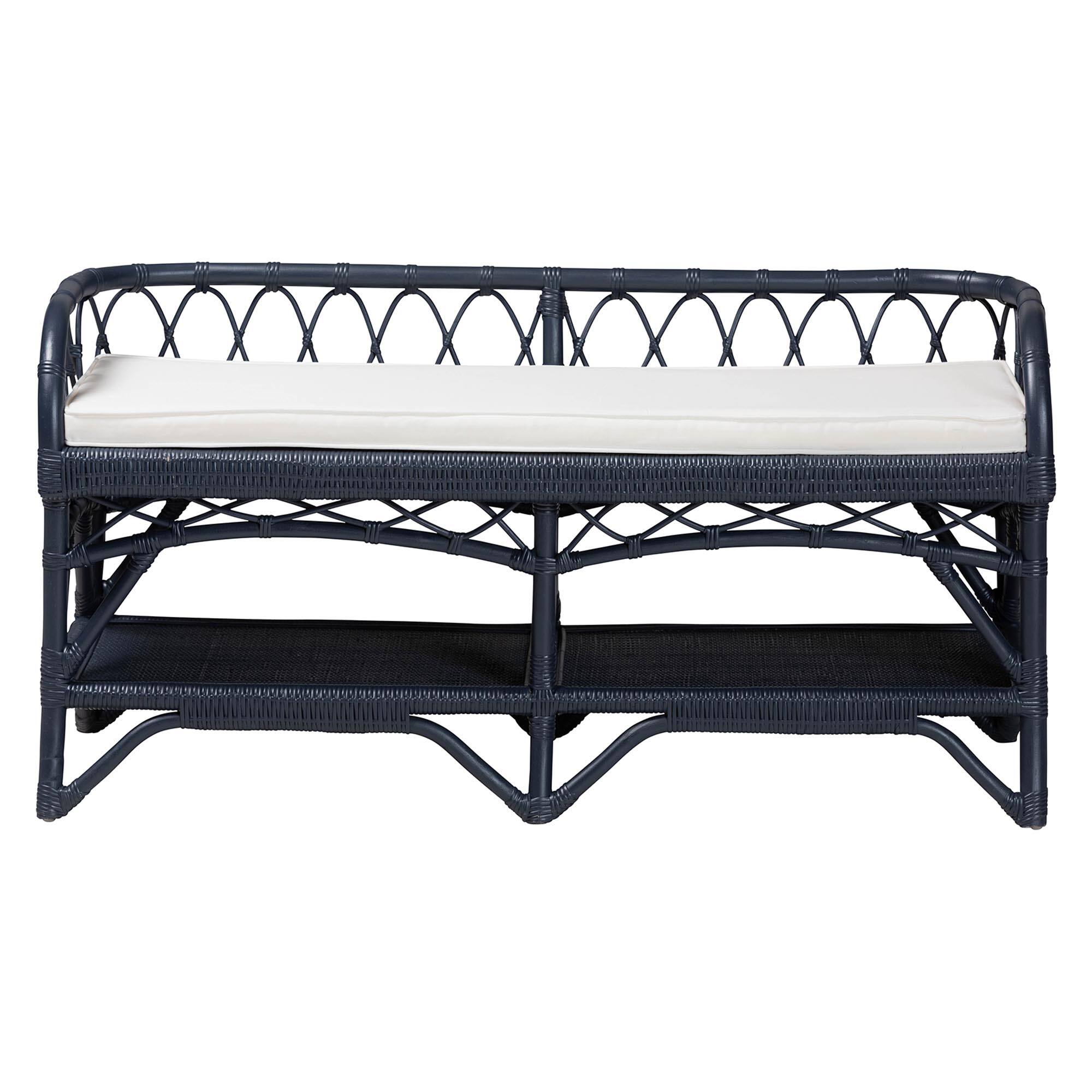 Angle. bali & pari - Leryn Natural Rattan Bench with Shelf - Navy Blue.
