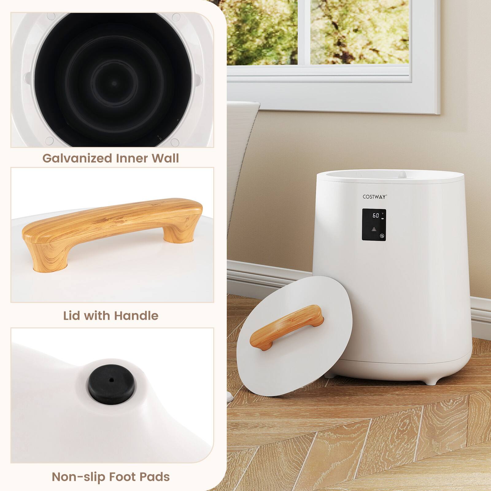 Galvanized Inner Wall  
Lid with Handle  
Non-slip Foot Pads