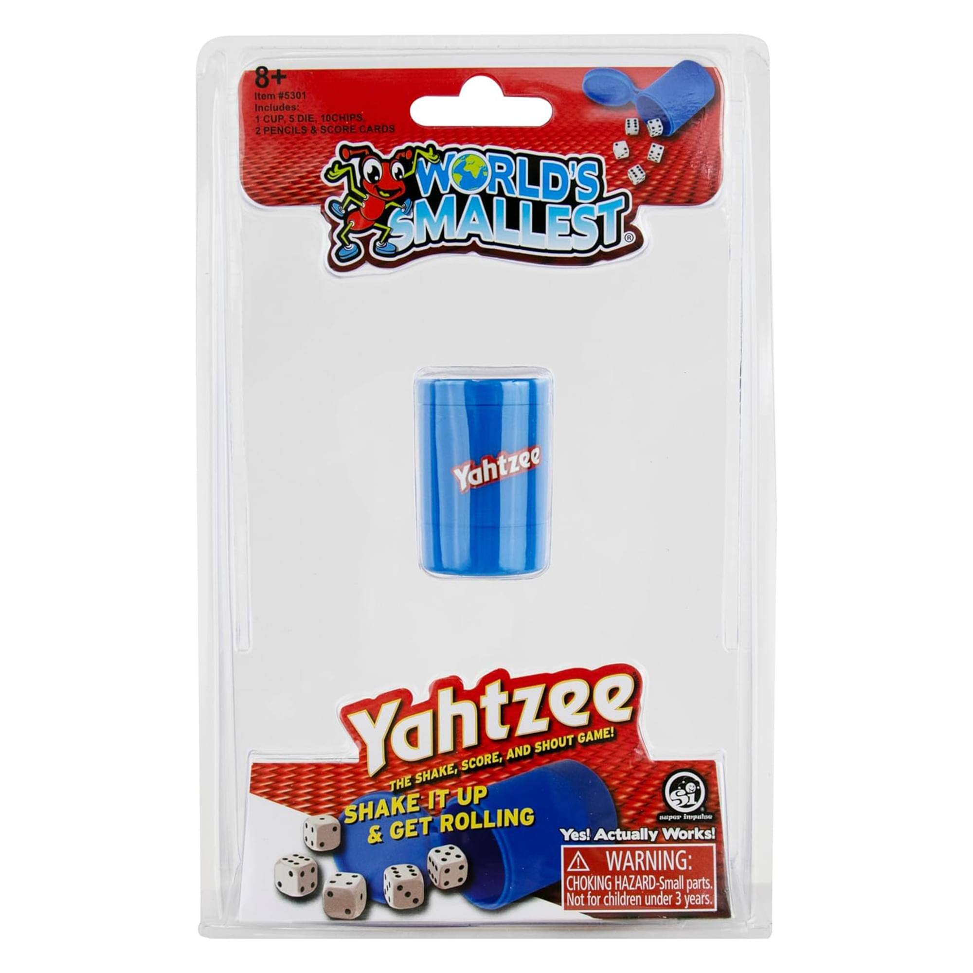 8+ Item 85301 Includes: 1 CUP & DIE, 10 CHIPS, 2 PENCILS & SCORE CARDS  
WORLD'S SMALLEST Yahtzee  
Yahtzee SHAKE, SCORE, AND SHOUT GAME!  
THE TI UP SHAKE ROLLING Empoloe & GET Yes! Actually Works!  
WARNING: CHOKING HAZARD-Small parts. Not for children under 3 years.
