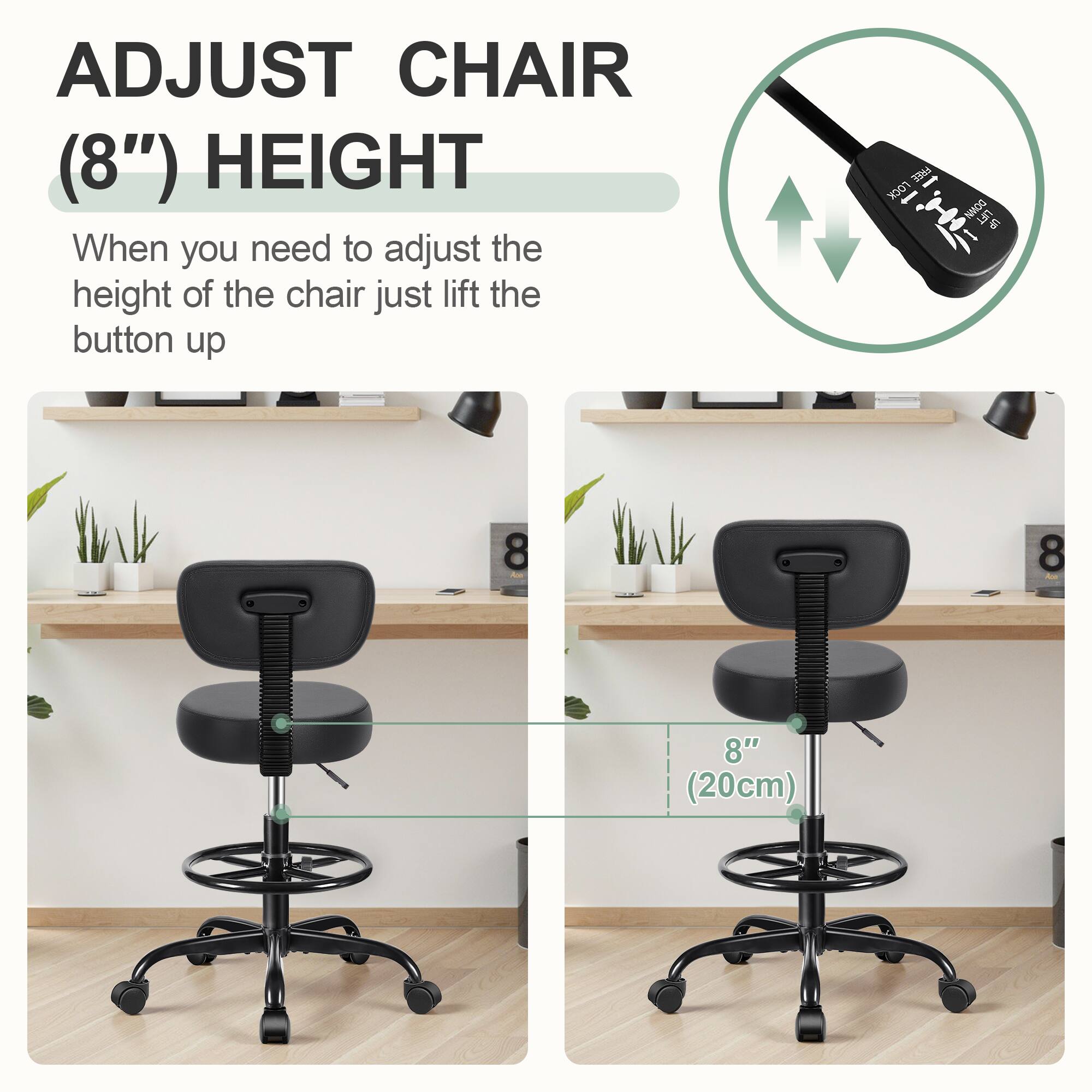 ADJUST CHAIR (8") HEIGHT

When you need to adjust the height of the chair just lift the button up

8" (20cm)