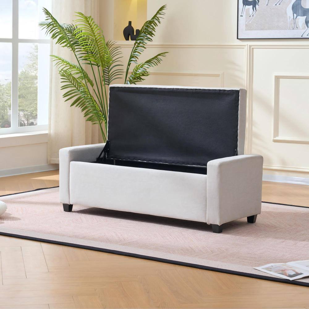 Left. PDTEND - 48" Beige Faux Linen Upholstered Storage Ottoman with Arms for Bedroom,Living Room, Entryway - Beige.