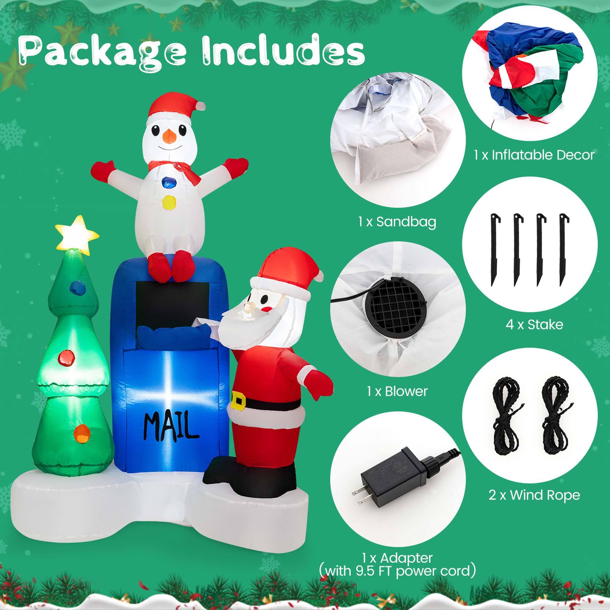 Package Includes: 1 Inflatable Decor, 1 Sandbag, 4 Stakes, 1 Blower, 88, 2 Wind Rope, 1 Adapter (with 9.5 FT power cord).