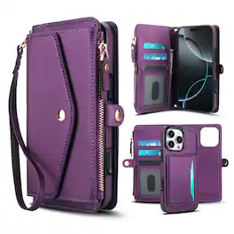 Dteck - Crossbody RFID Blocking Zipper Wallet Card For iPhone 16 Pro Handbag Magnetic Kickstand Wrist Strap Case - Purple